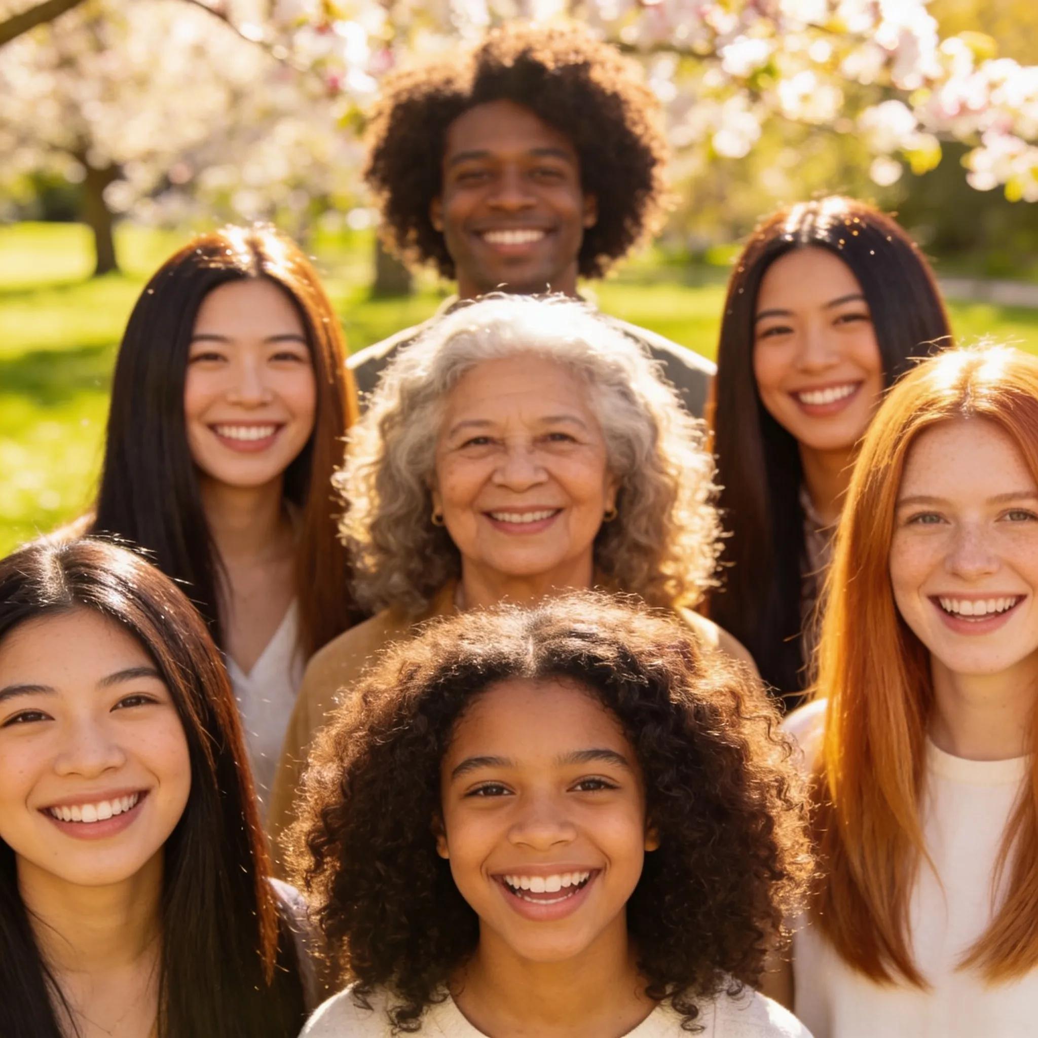 A diverse group of individuals with healthy hair smiling under natural light, symbolizing positive hair restoration journeys