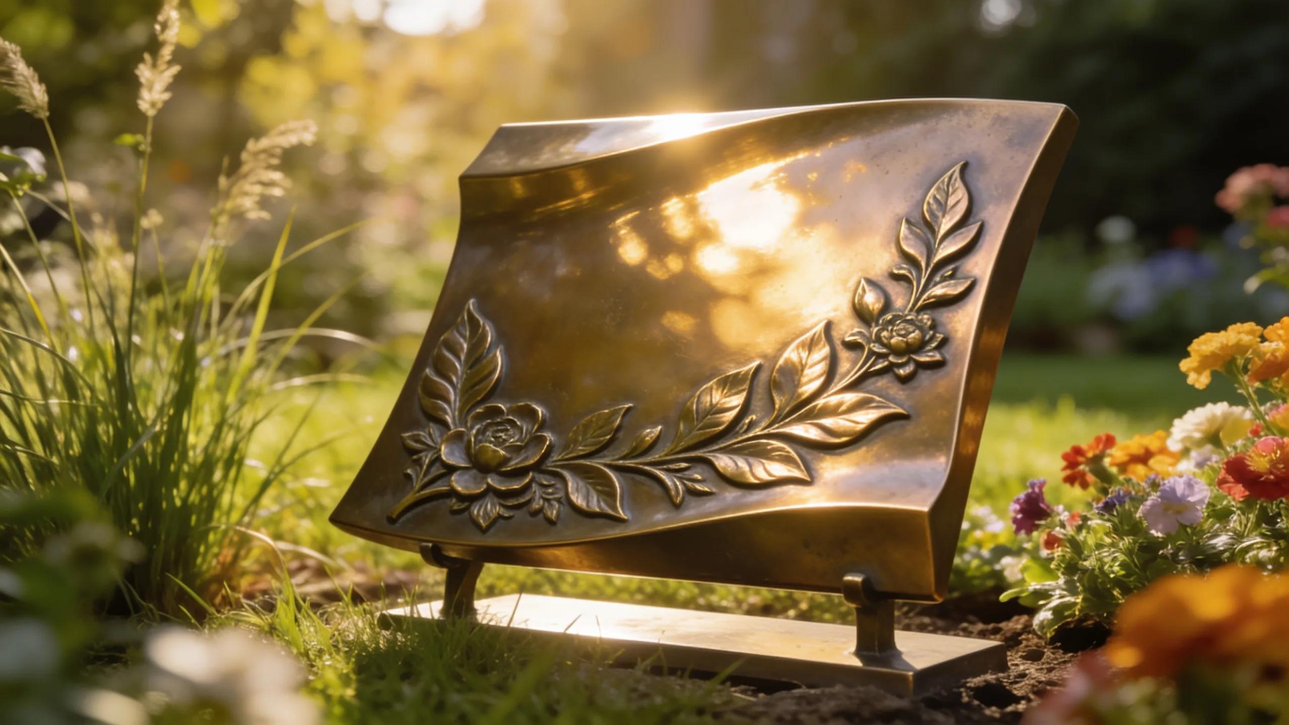 Elegant bevel bronze plaque in a garden setting representing personal remembrance and memorialization