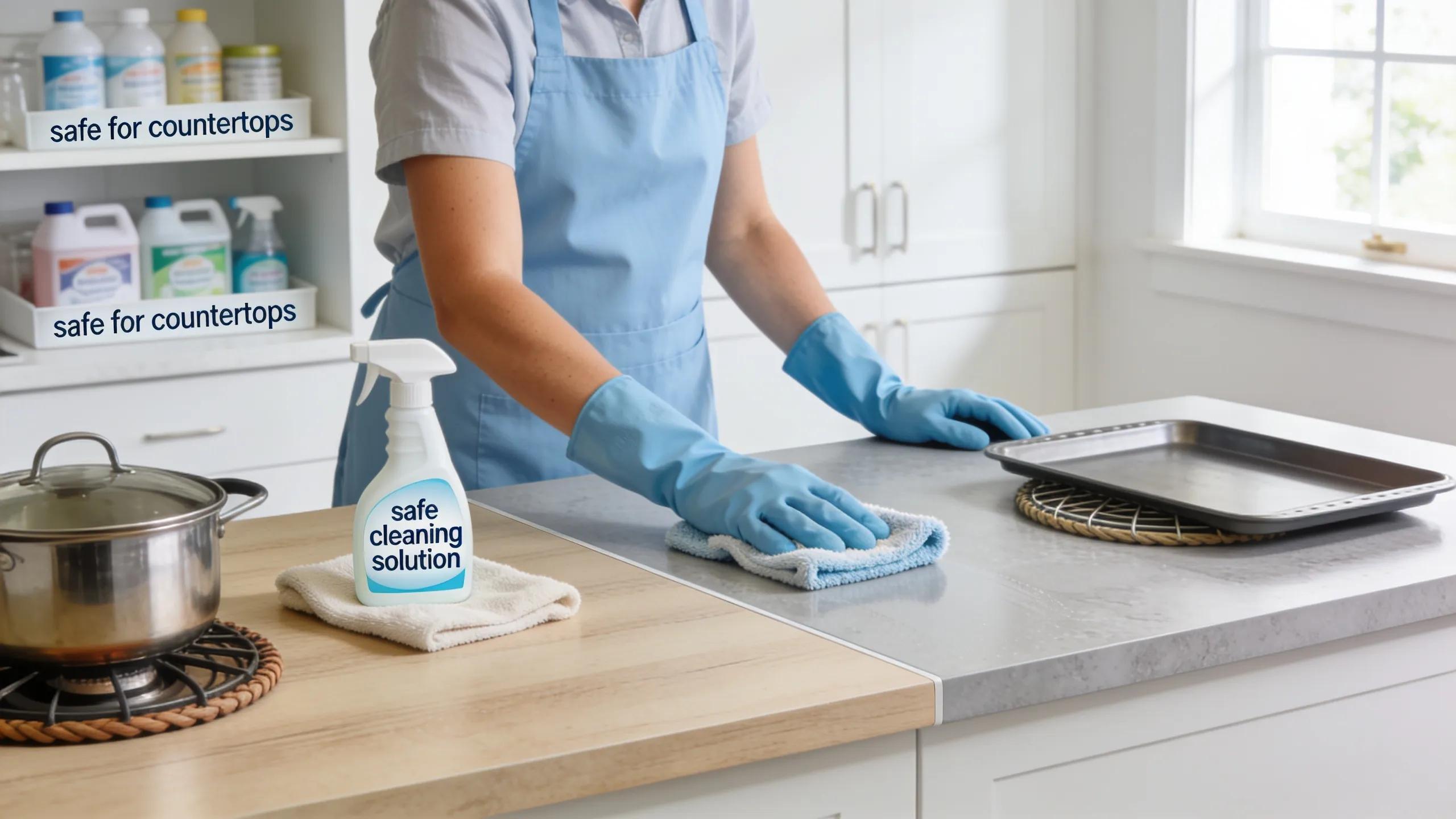 Homeowner maintaining laminate and solid surface countertops in kitchen