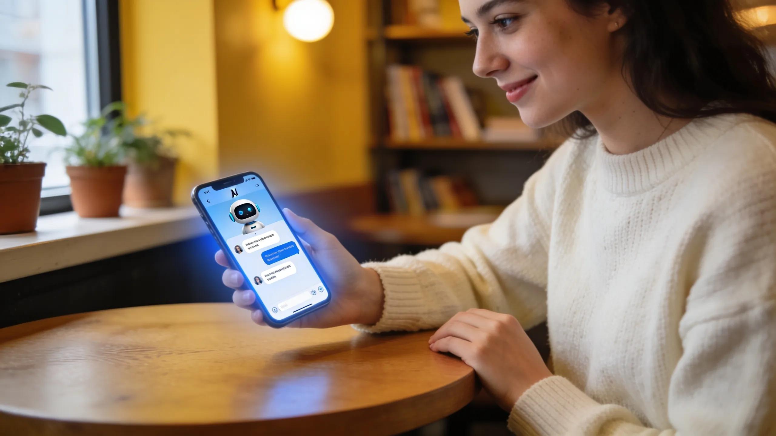 Woman interacting with an AI chatbot on her smartphone in a cafe, highlighting marketing automation success