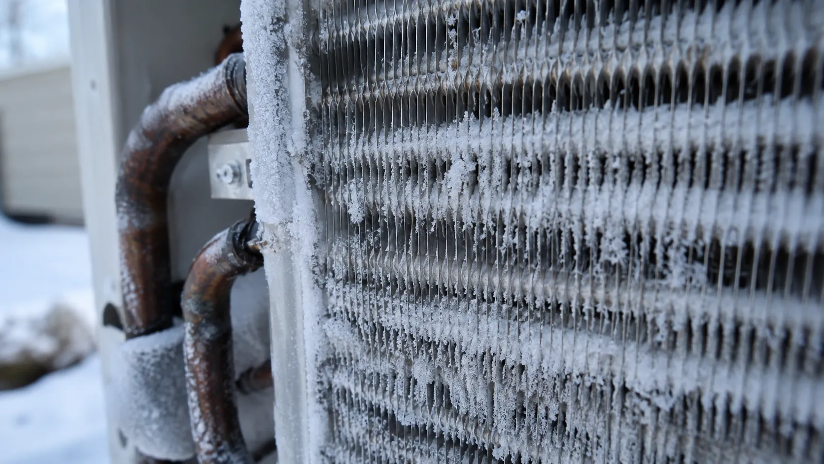 Frost buildup on a heat pump outdoor coil during a coastal Delaware winter