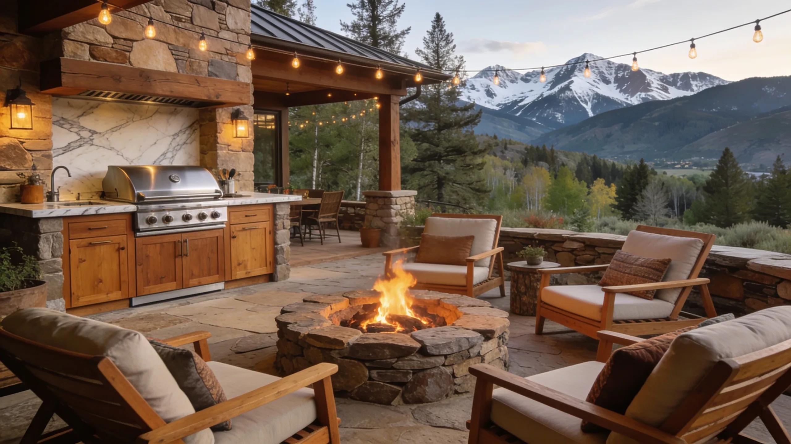 Luxurious outdoor living space in Colorado with mountain views and fire pit
