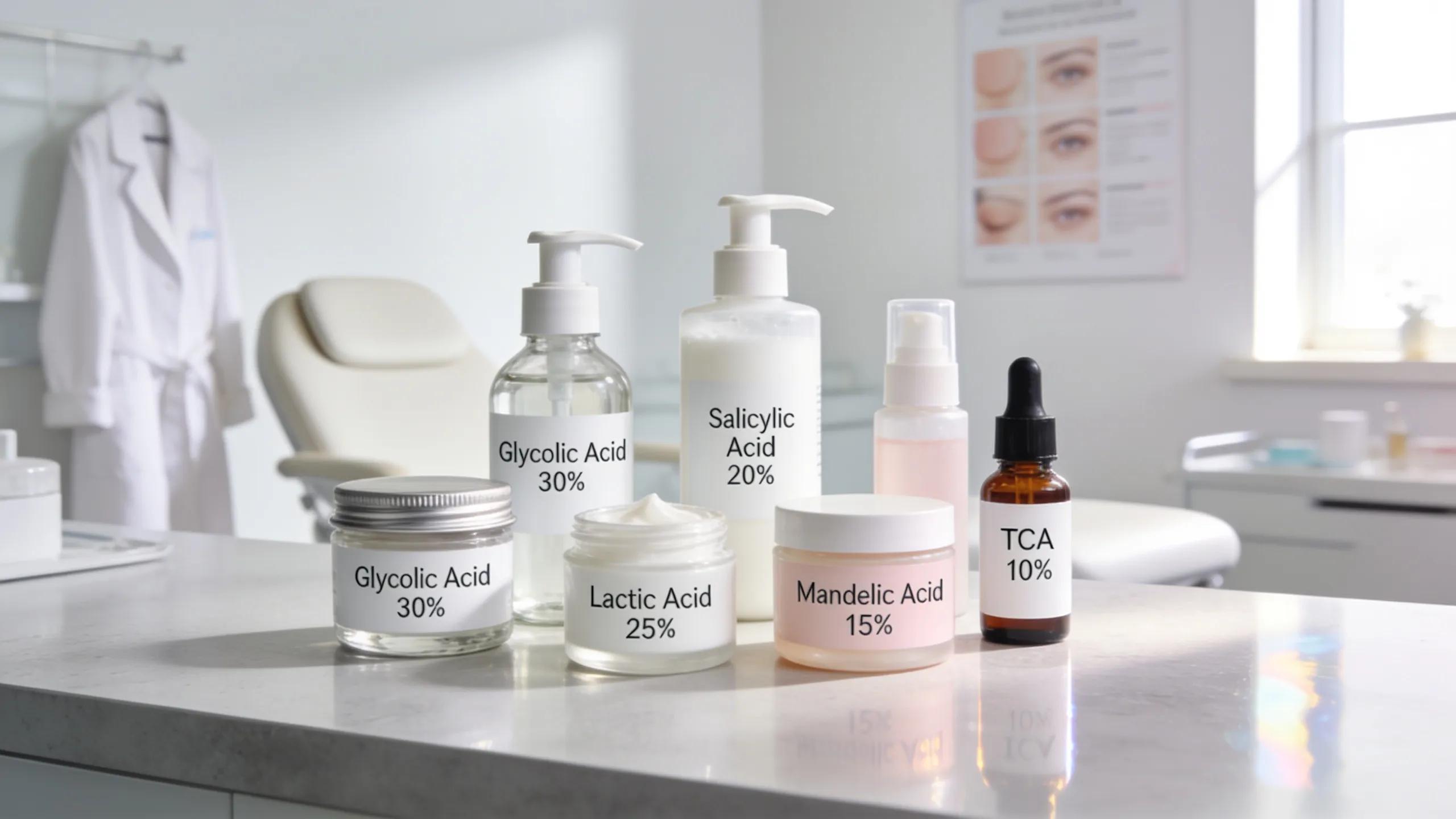 Variety of chemical peel products displayed in a dermatology office, highlighting skincare options