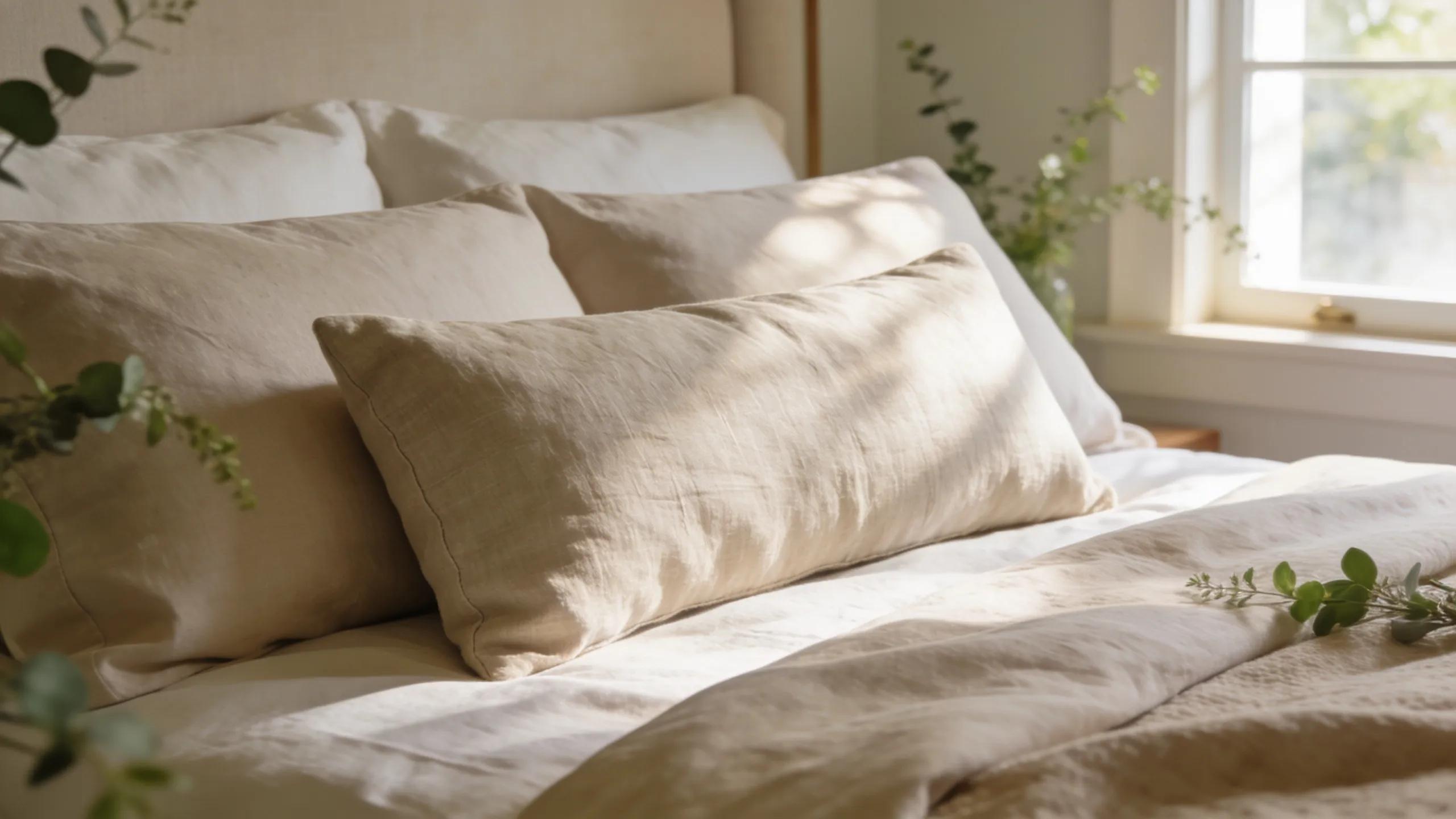 Linen lumbar pillow on a king bed accentuating natural fibre benefits and styling aesthetics