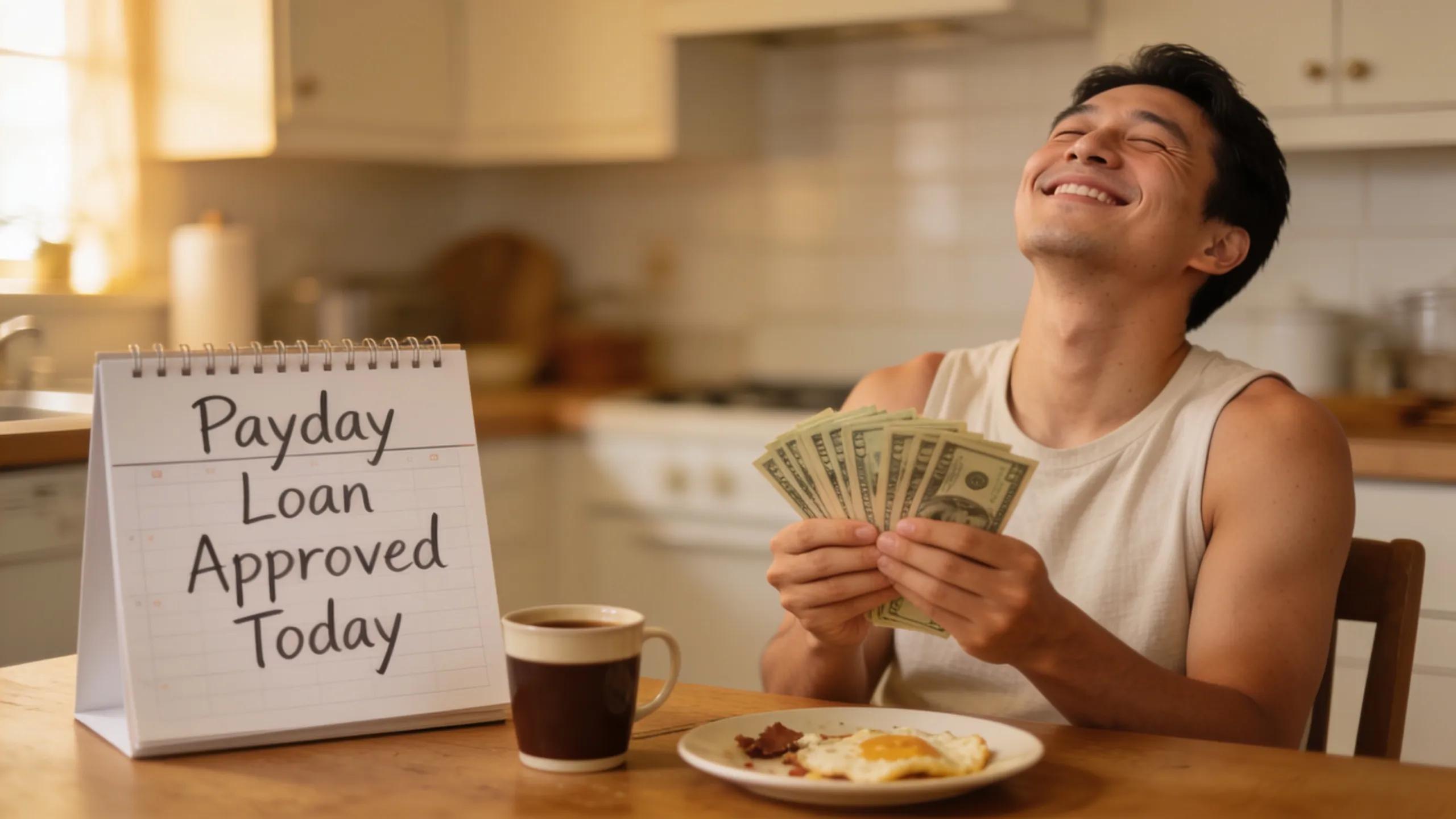 Satisfied individual holding cash at a kitchen table, highlighting the benefit of quick access to payday loans Satisfied individual holding cash at a kitchen table, highlighting the benefit of quick access to payday loans