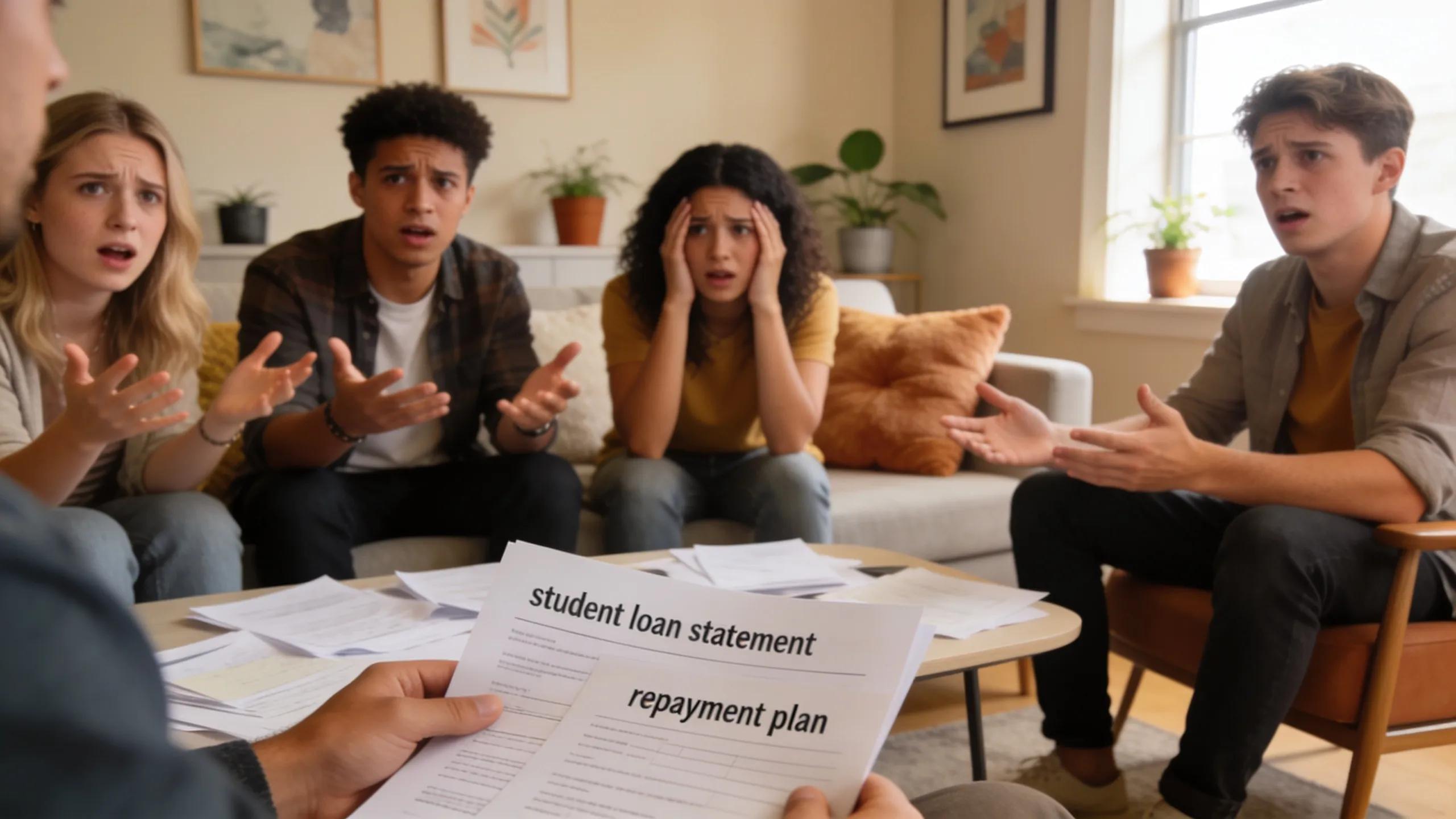Group of young adults looking stressed, discussing student loans in a cozy recent room
