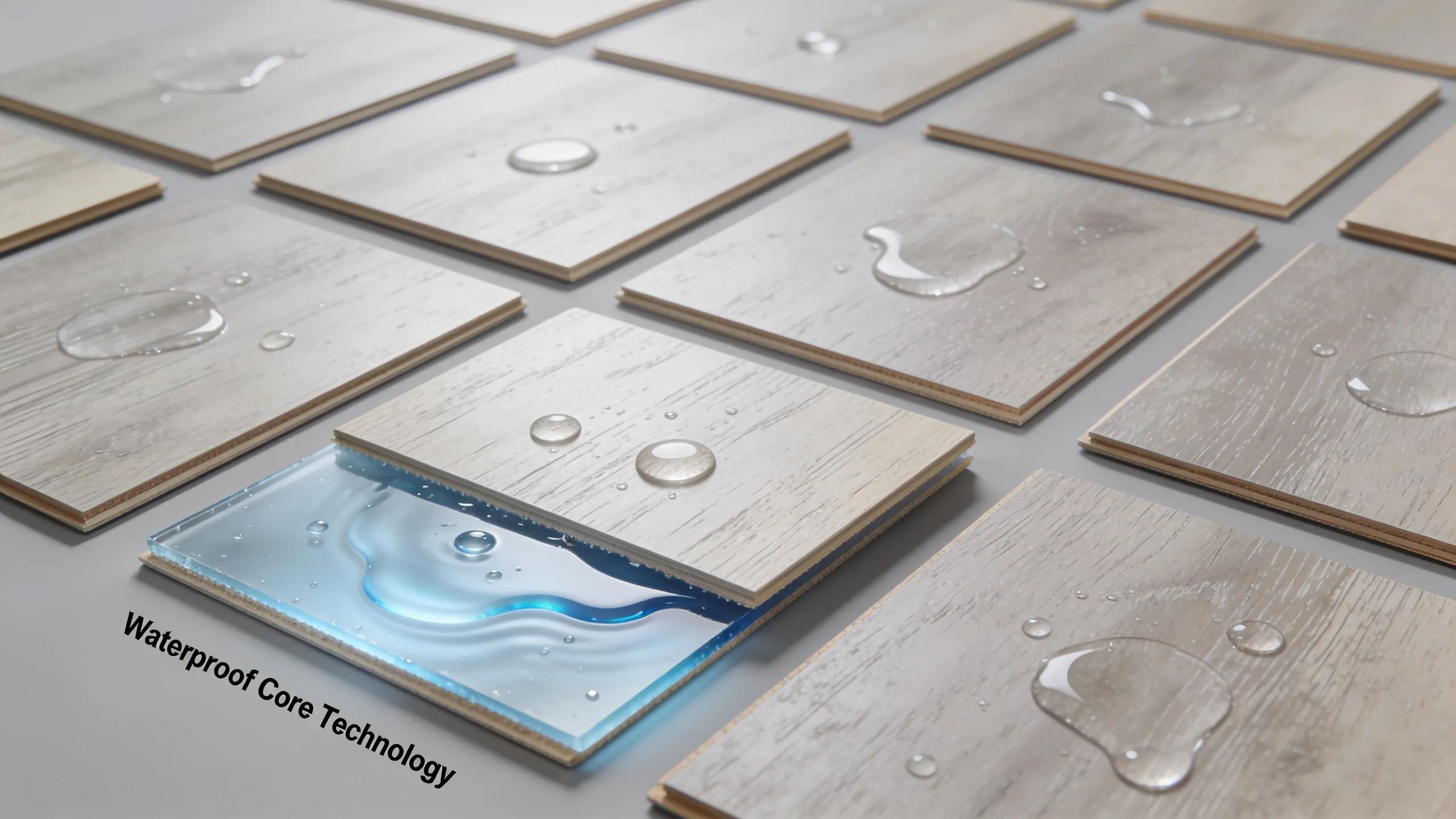 Luxury vinyl plank flooring demonstrating waterproof core technology and water resistance.