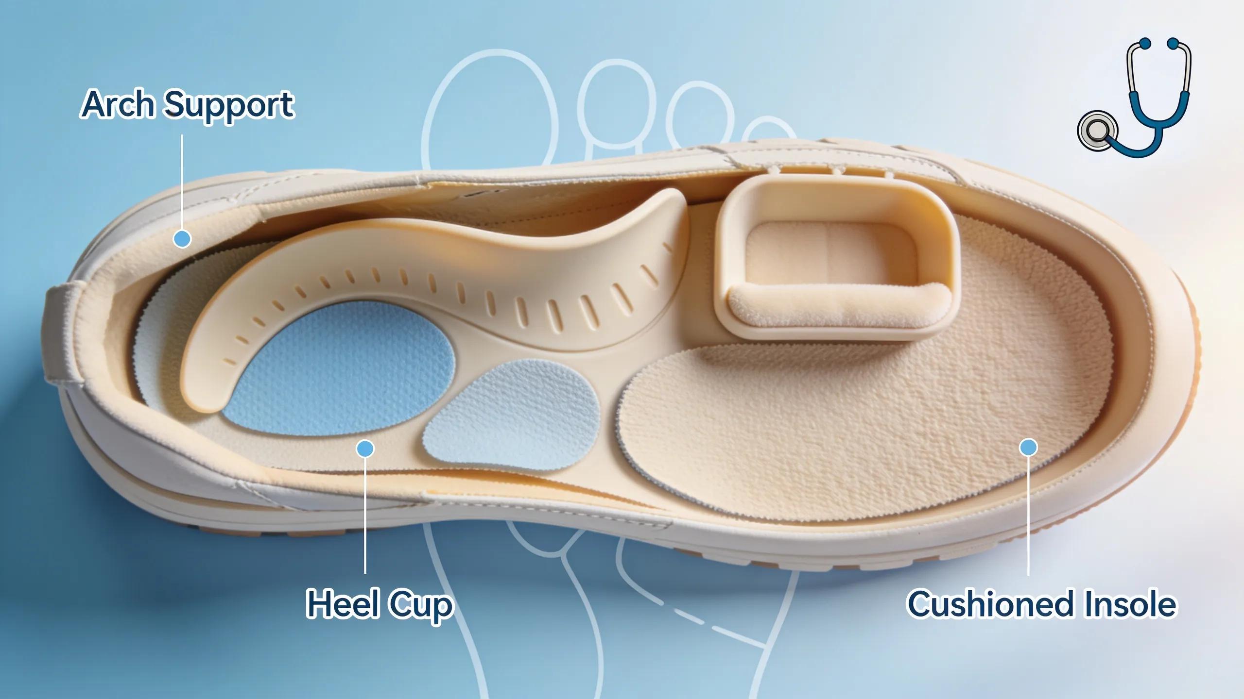 Close-up of orthopedic shoe support mechanisms like arch supports and heel cups for arthritis relief