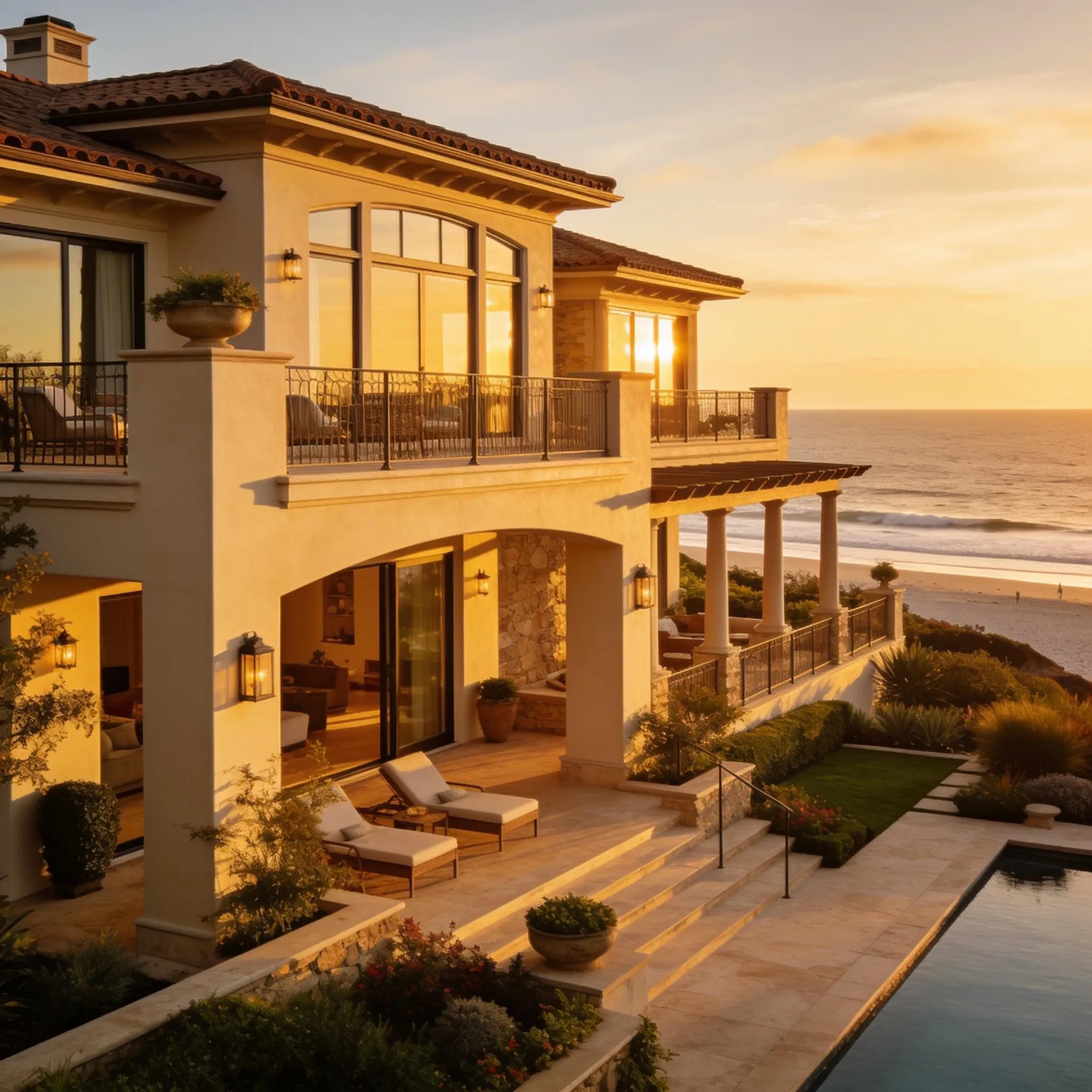 Luxury Del Mar home at sunset highlighting upscale coastal living and architecture