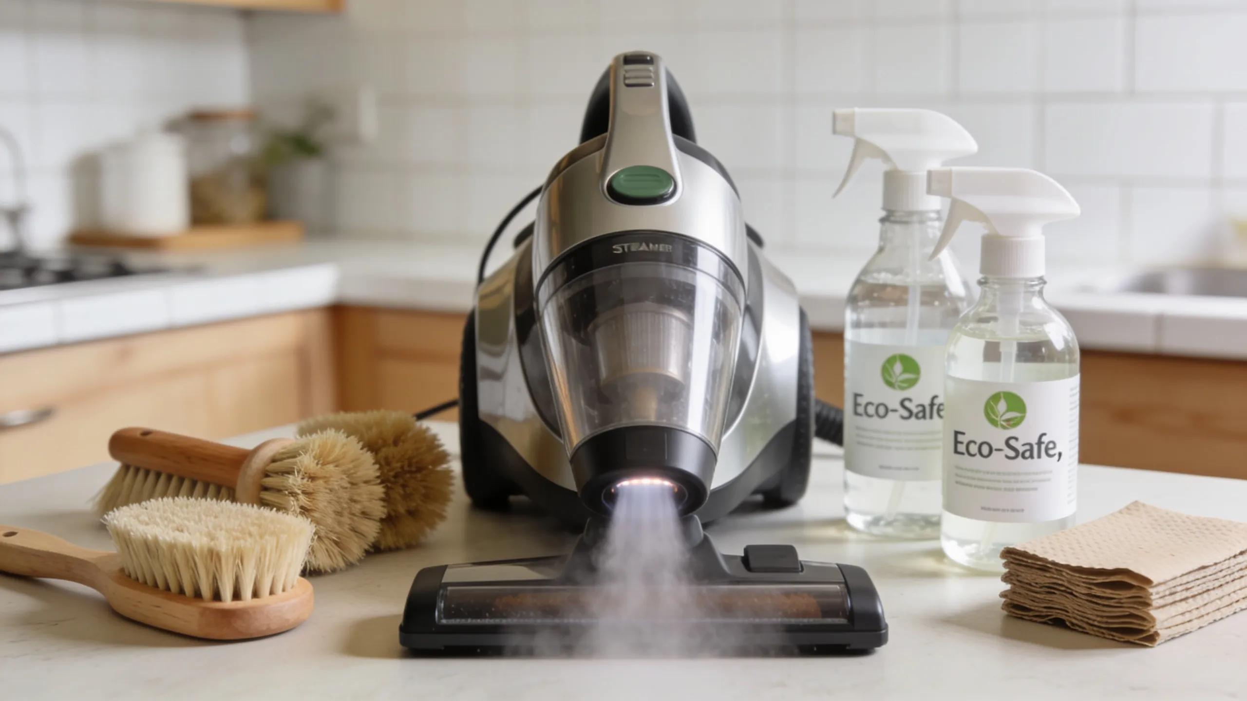 Steam cleaner with eco-friendly cleaning supplies in a Melbourne kitchen highlighting sustainable cleaning options