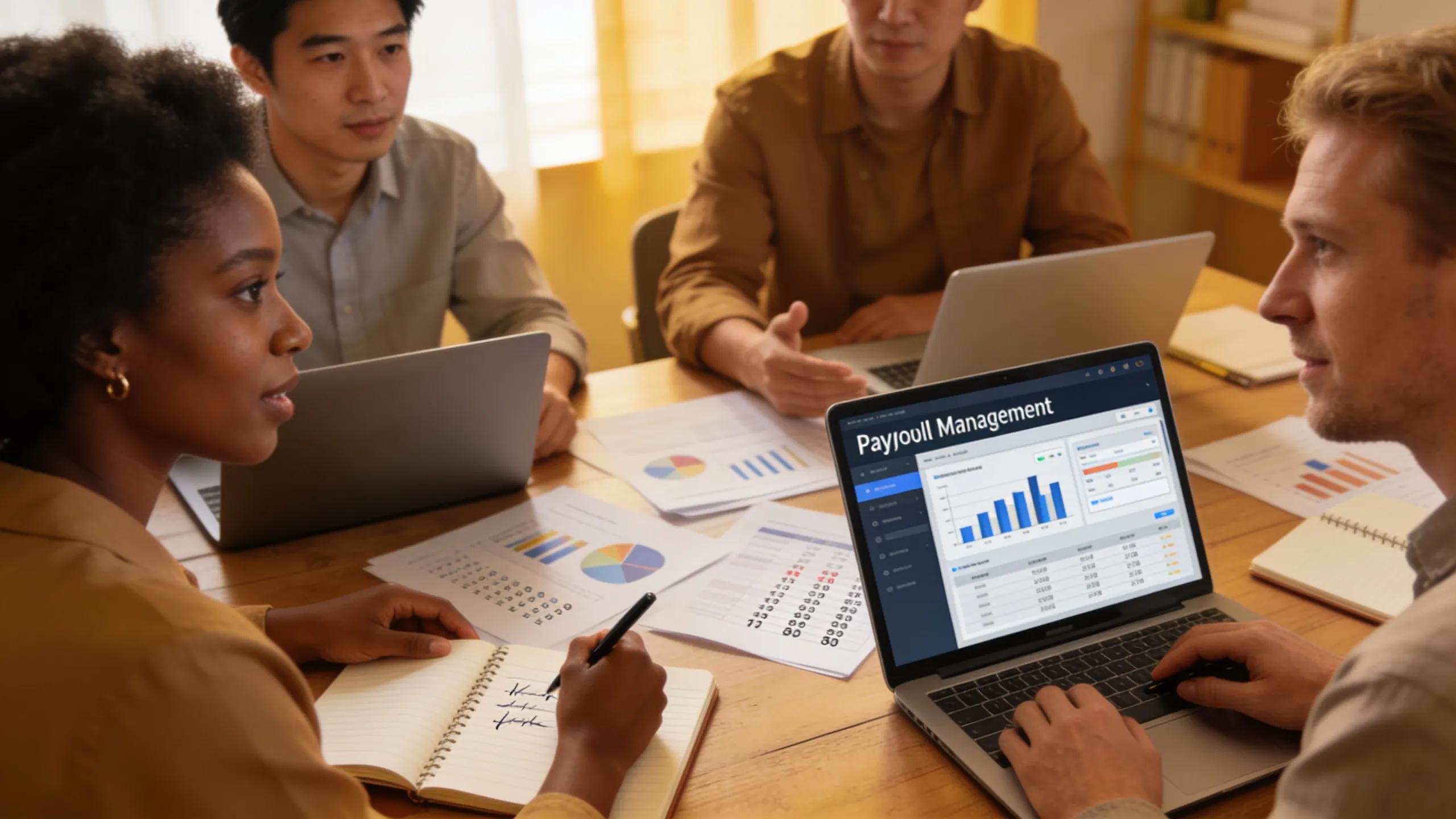 Collaboration among small business owners in a warm workspace discussing payroll management