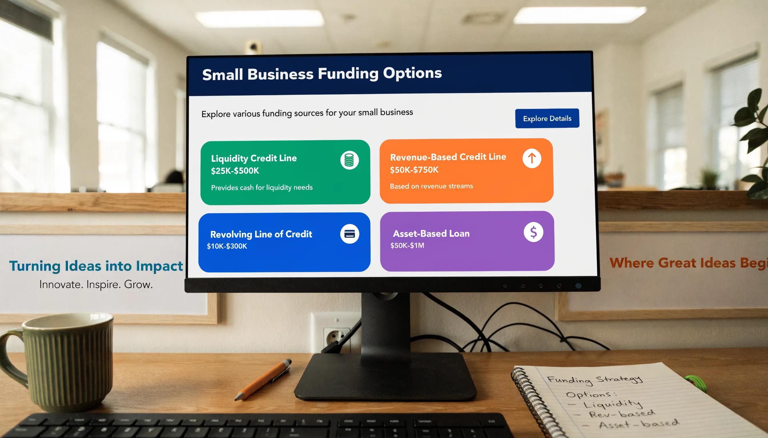 Close-up of funding options on a computer screen for small businesses