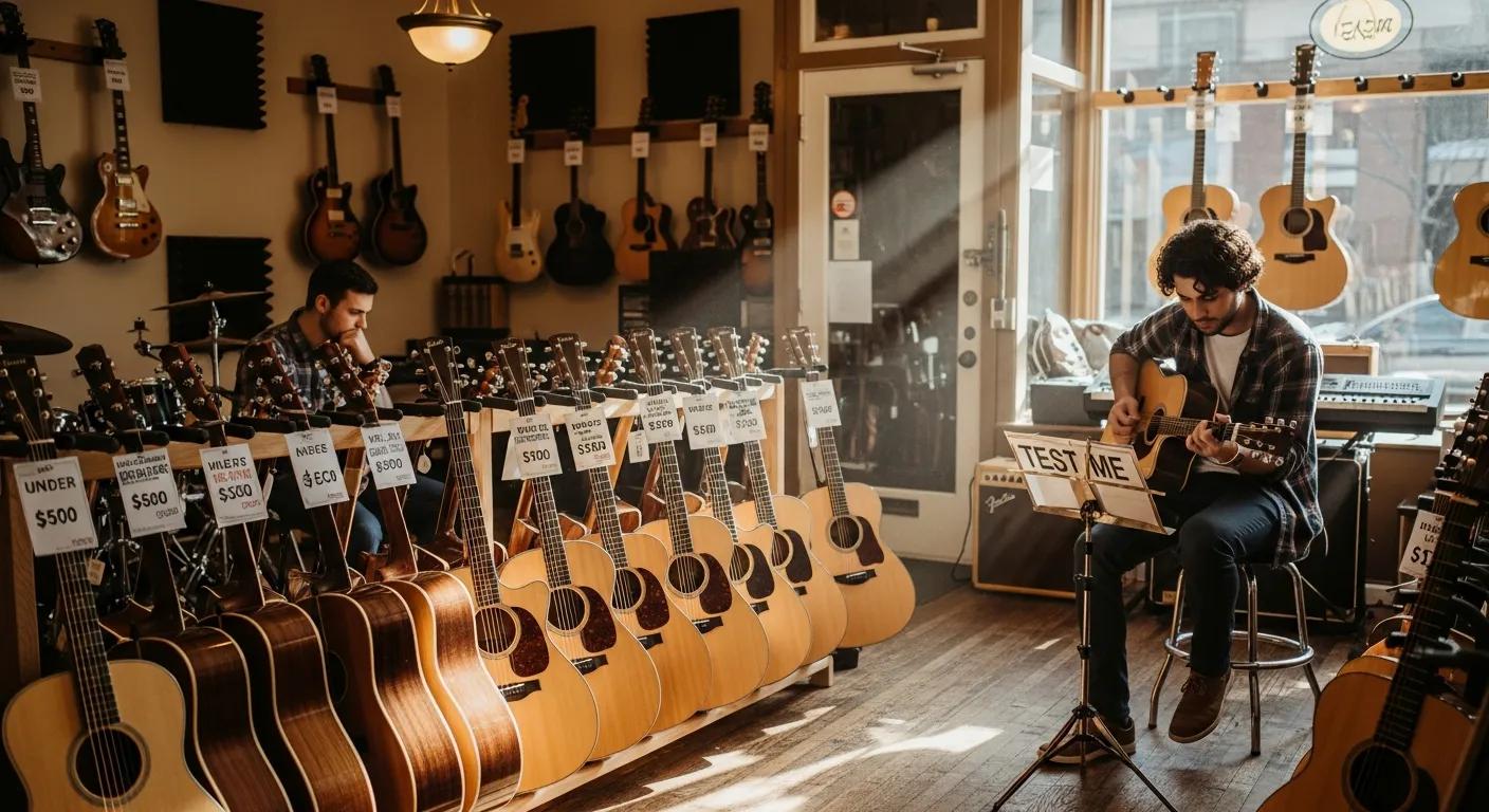 Selection of affordable acoustic guitars in a cozy music shop, highlighting value and tone for musicians