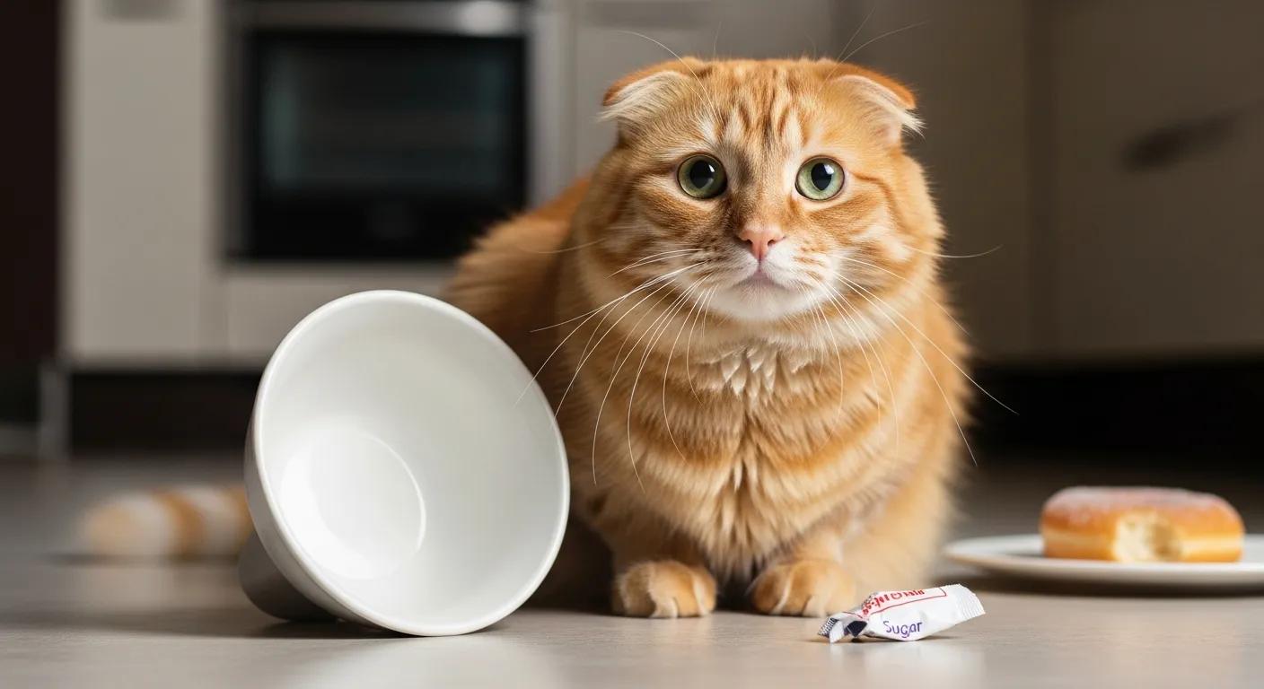 A cat looking concerned next to an empty bowl, illustrating the drawbacks of sugar for pets