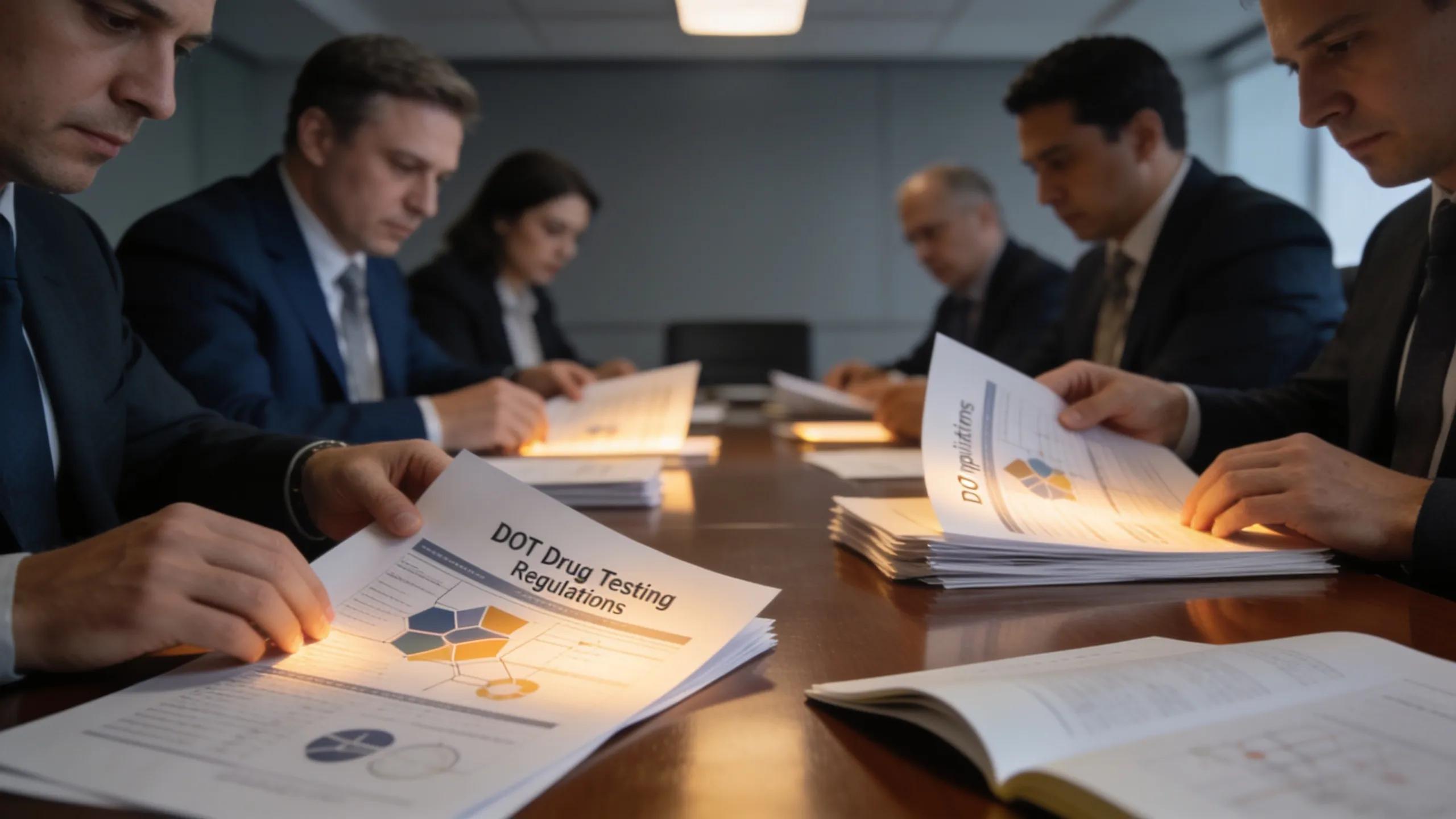 Professionals discussing compliance documents for DOT drug testing regulations
