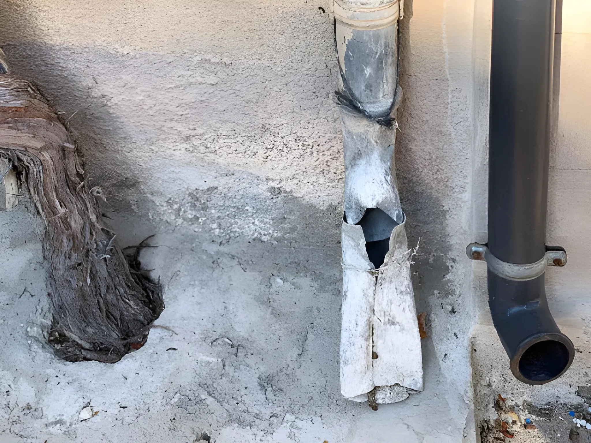 Damaged roof drainage pipe showing the importance of maintaining proper water flow and drainage systems