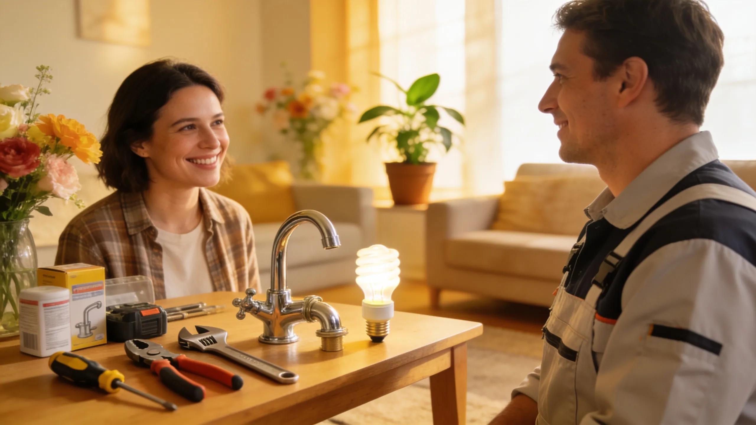 Happy homeowner interacting with a technician, symbolizing trust and satisfaction in home repair services