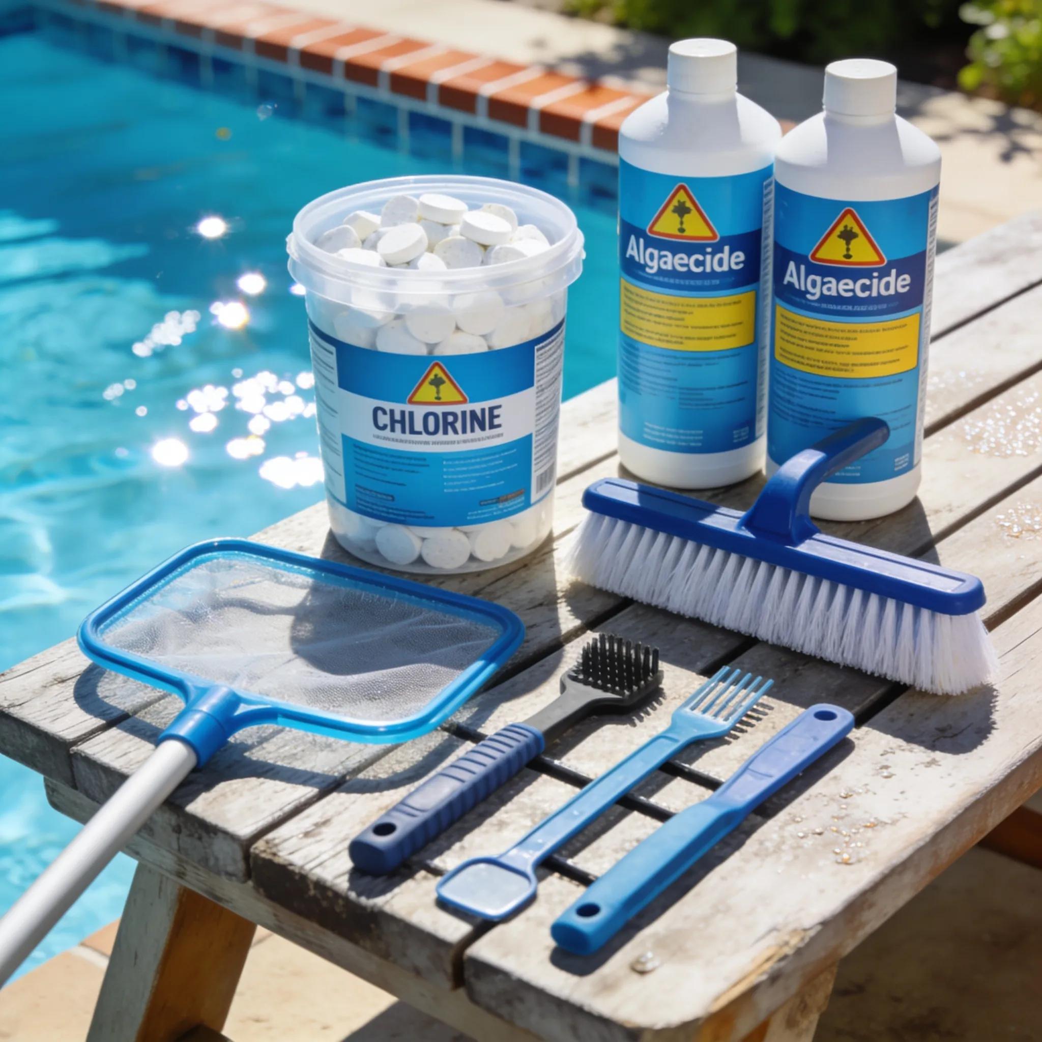 Pool maintenance supplies organized for effective algae prevention strategies in sunny environment