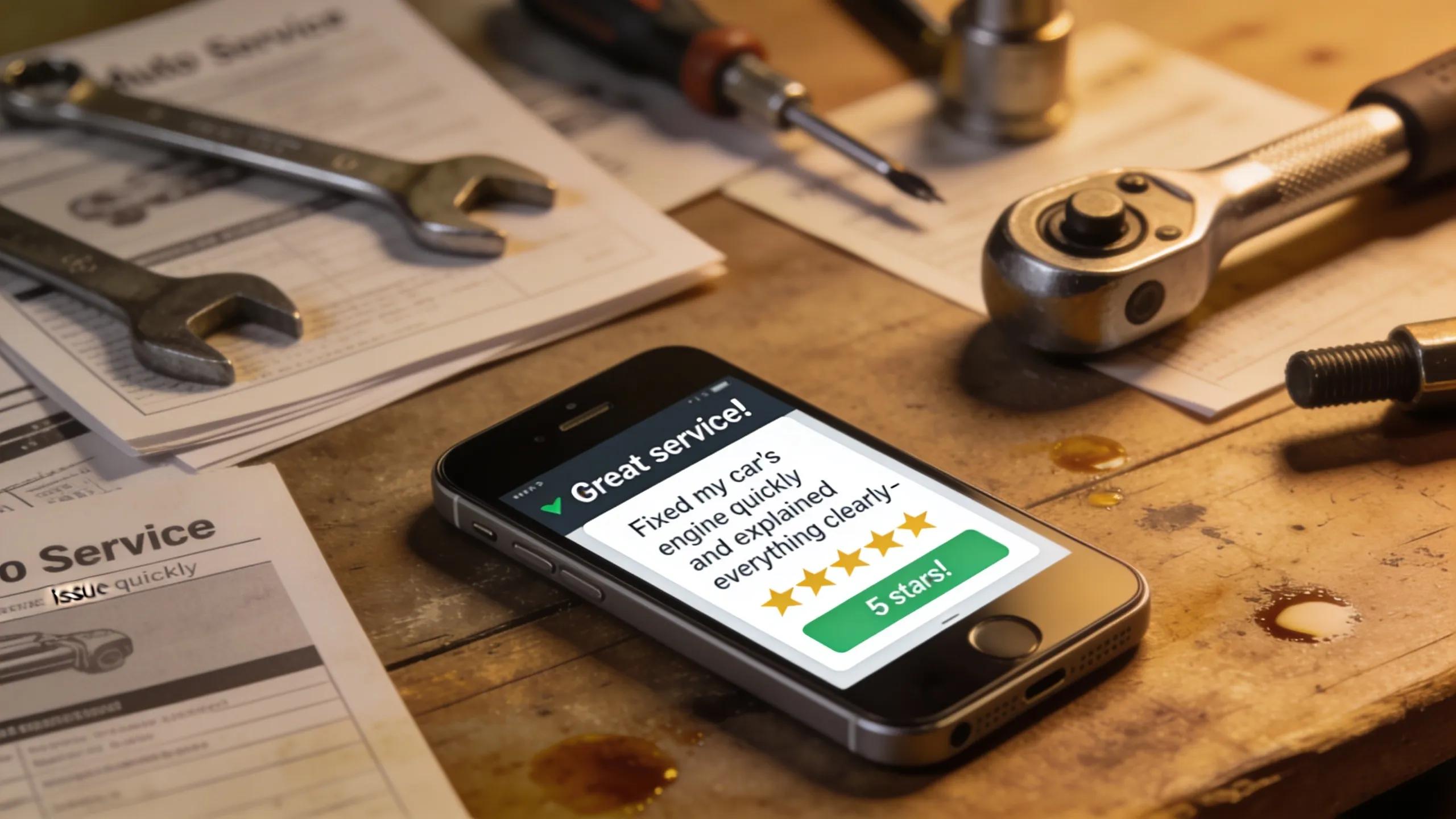 Smartphone showing positive customer review notification related to auto repair services