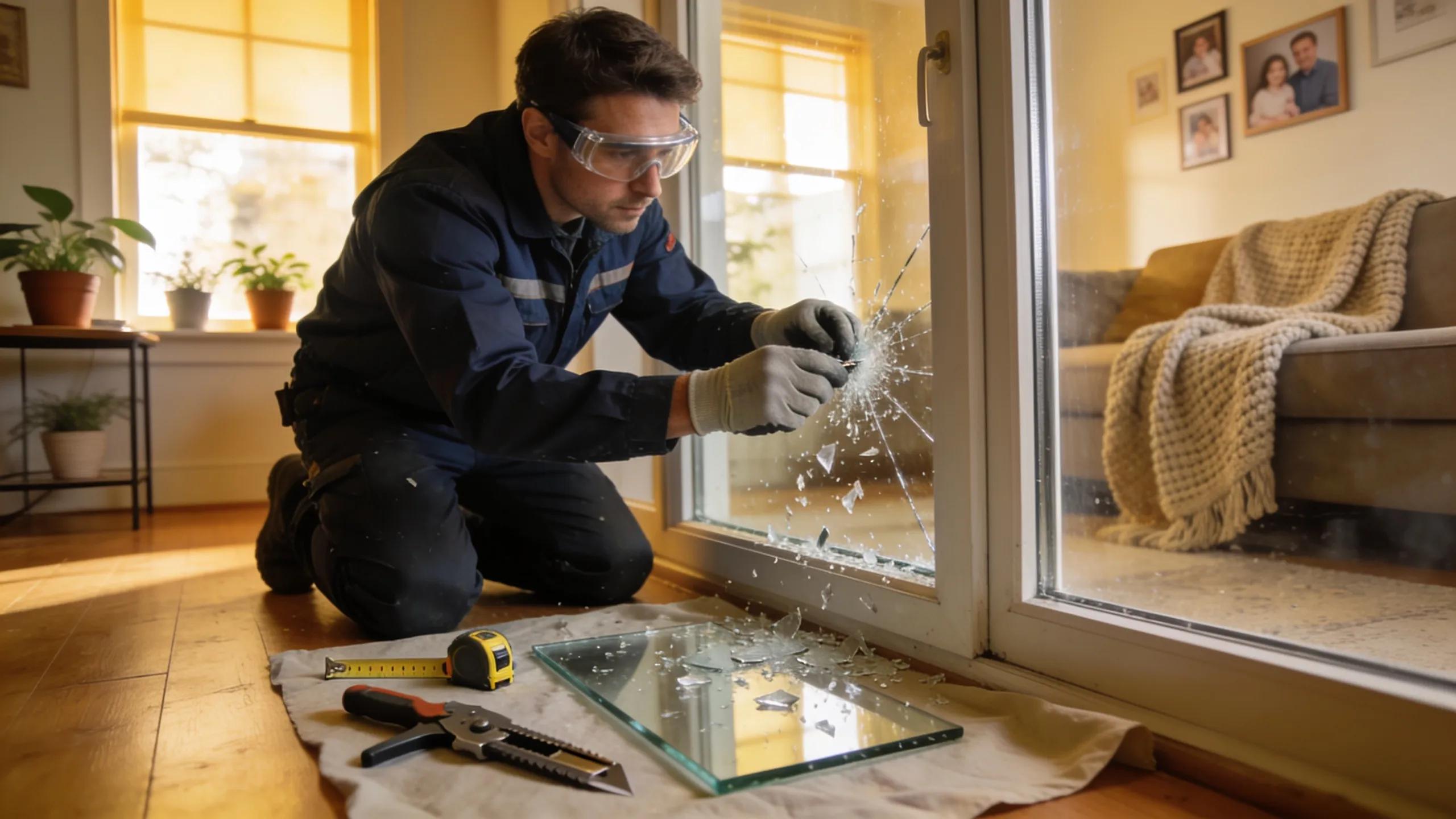 Professional glazier repairing broken glass in a cozy home