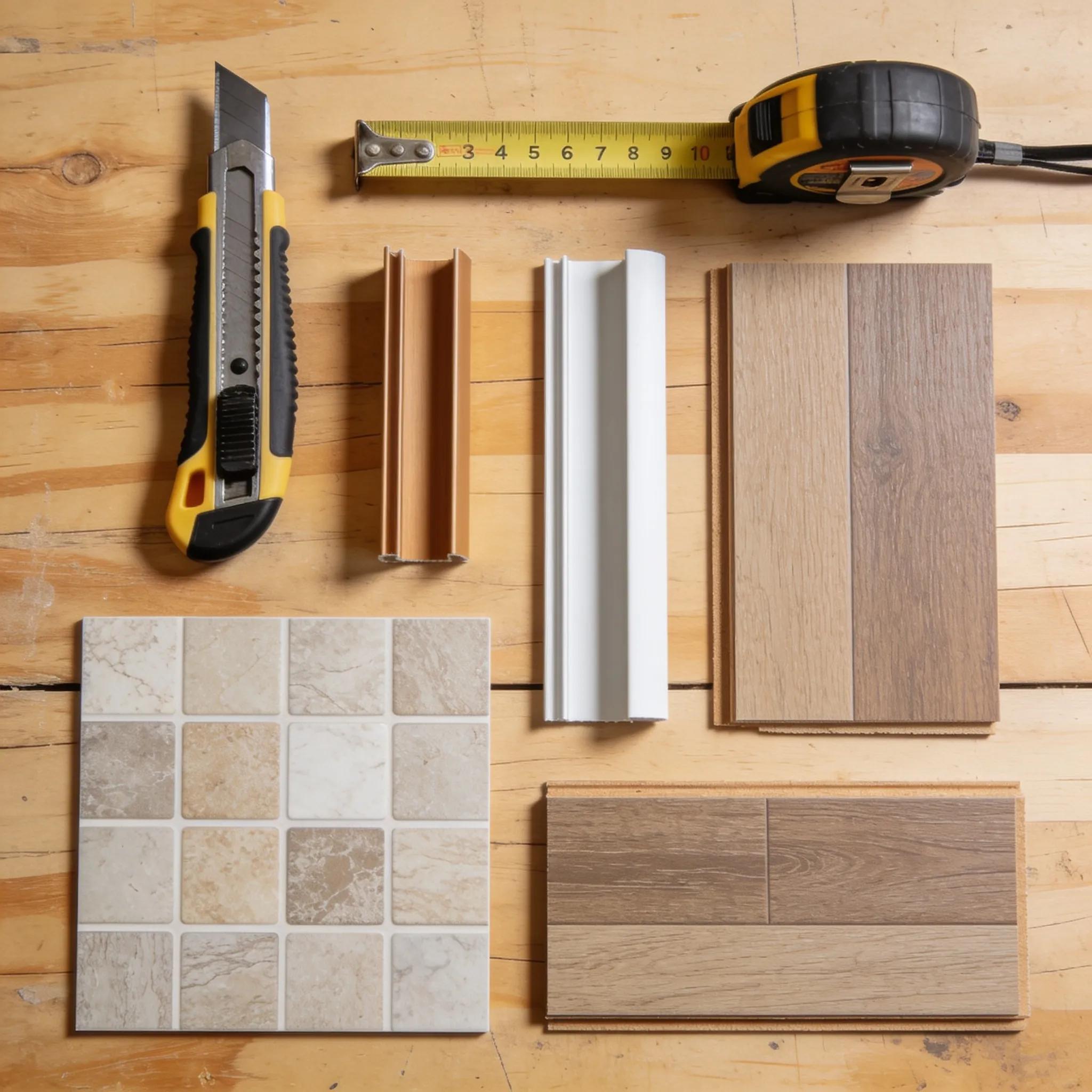 Essential tools and materials laid out for a vinyl flooring DIY installation