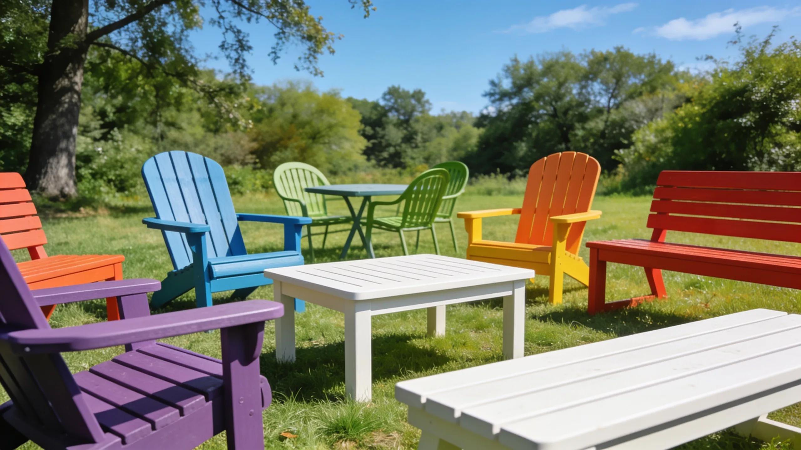 Variety of HDPE outdoor furniture showcasing weather resistance and sustainability in nature Variety of HDPE outdoor furniture showcasing weather resistance and sustainability in nature