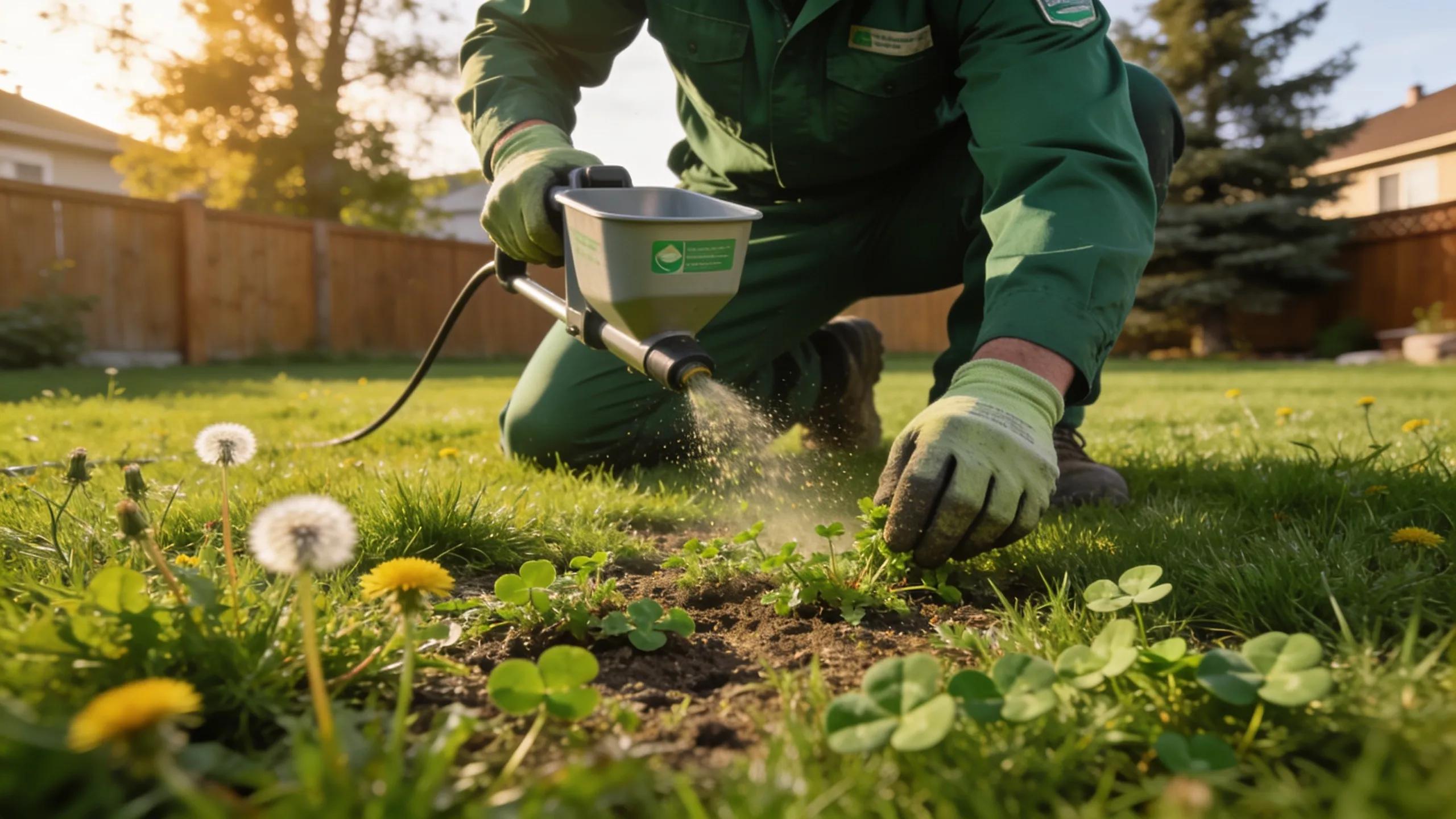 Professional applying eco-friendly weed control in a Calgary lawn