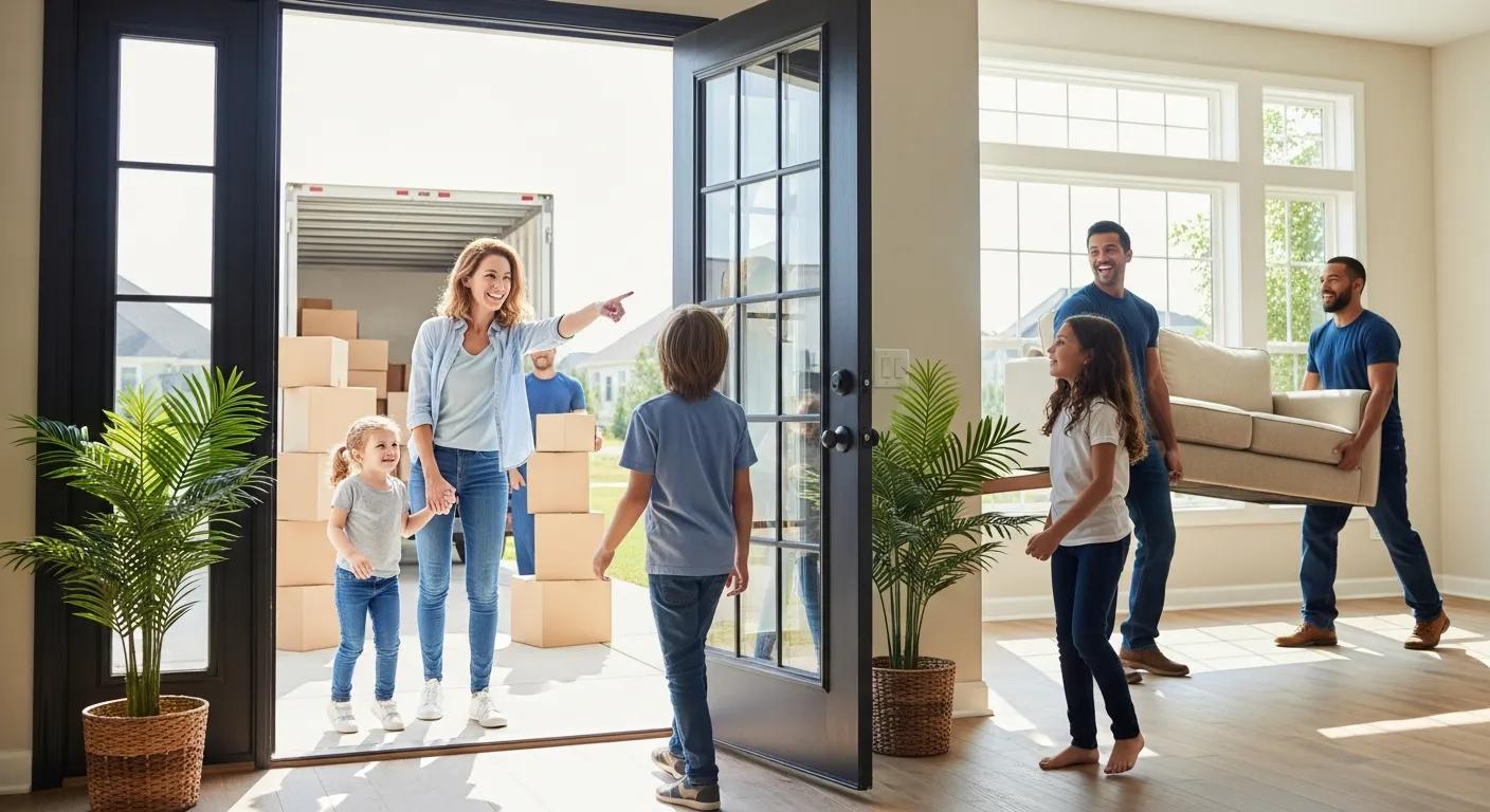 Family moving into a new home with professional movers, illustrating a stress-free moving experience