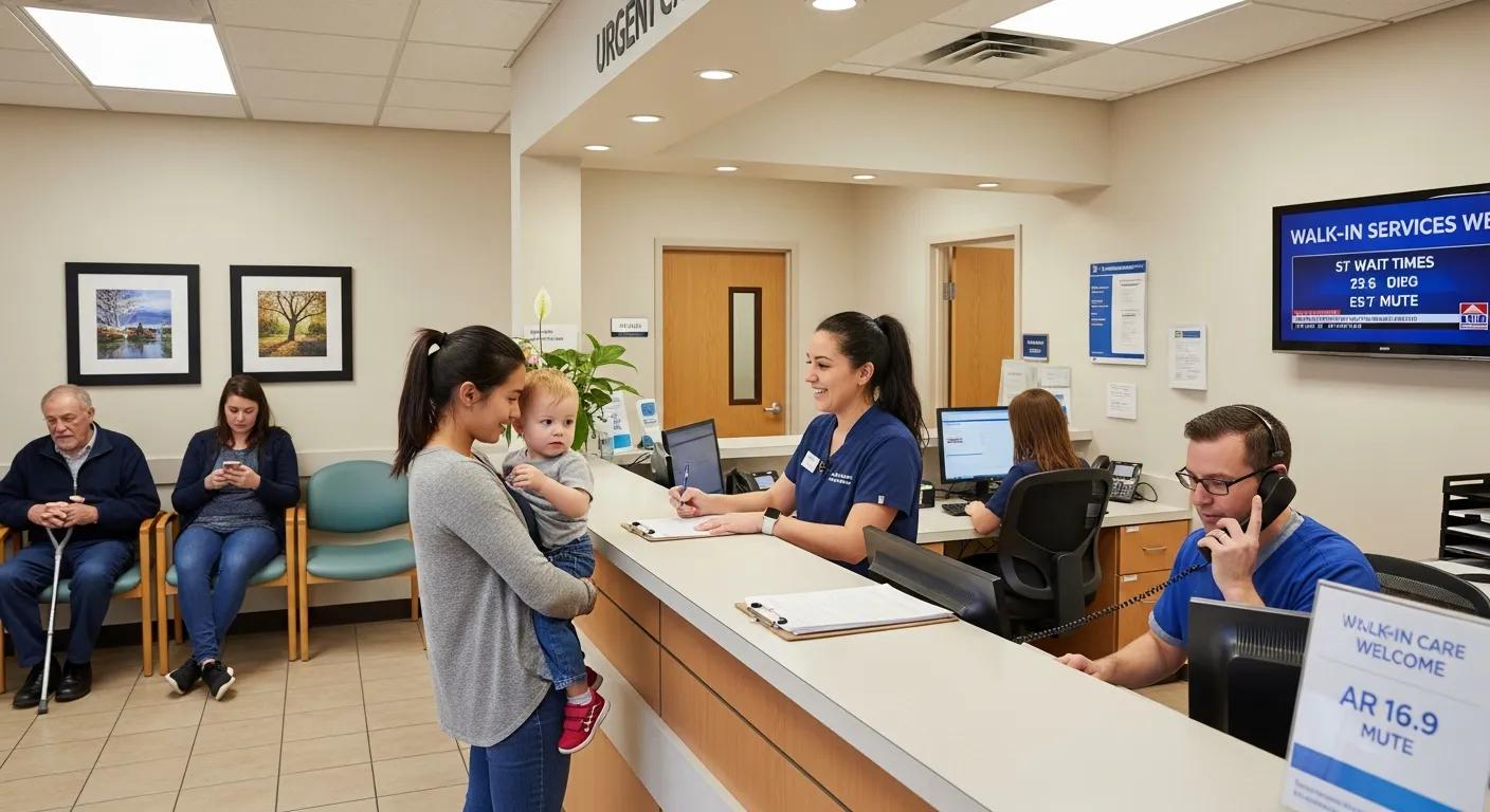 Patients checking in at urgent care clinic reception for walk-in services