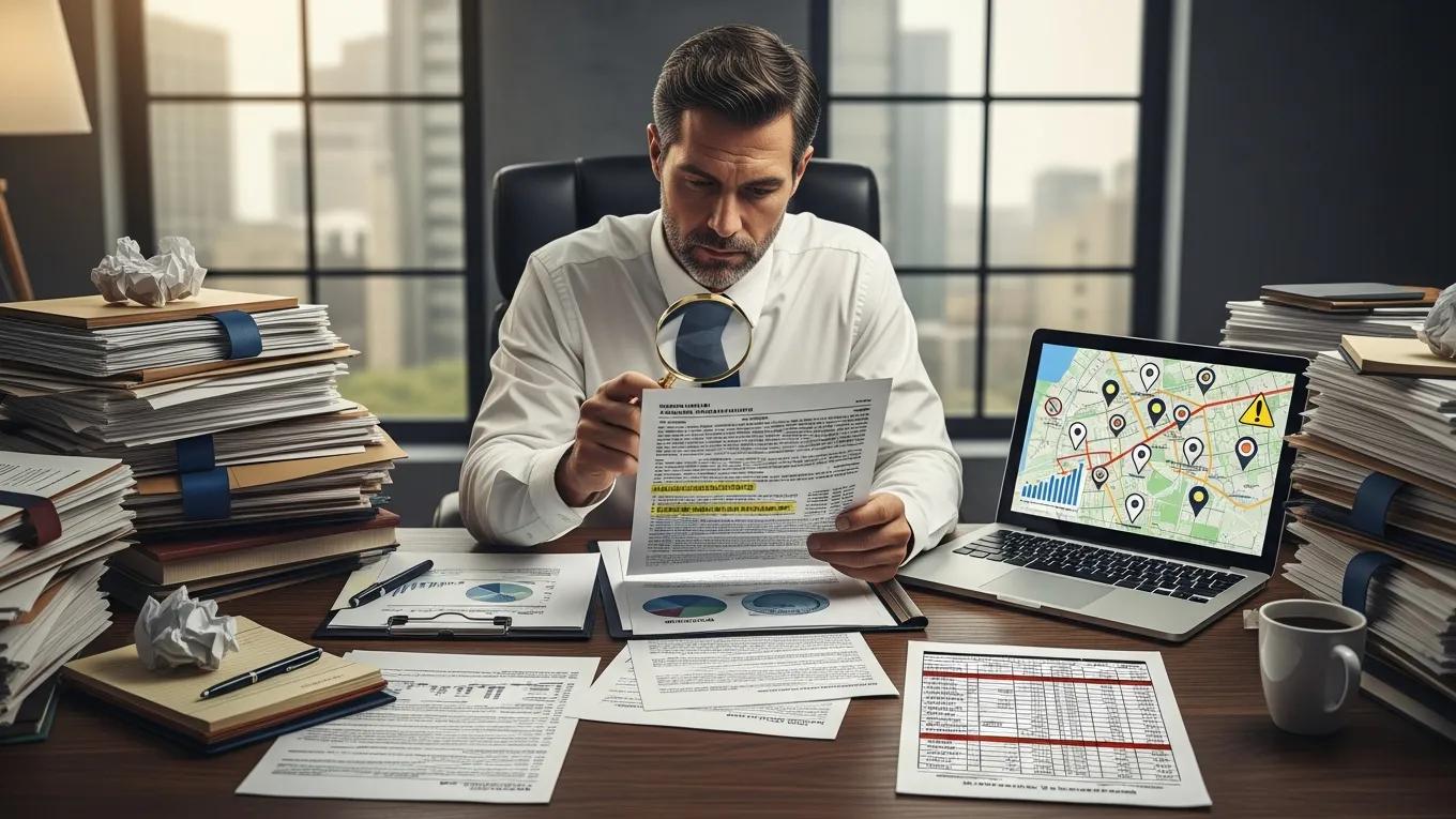 Investor analyzing financial reports and property listings related to title defects