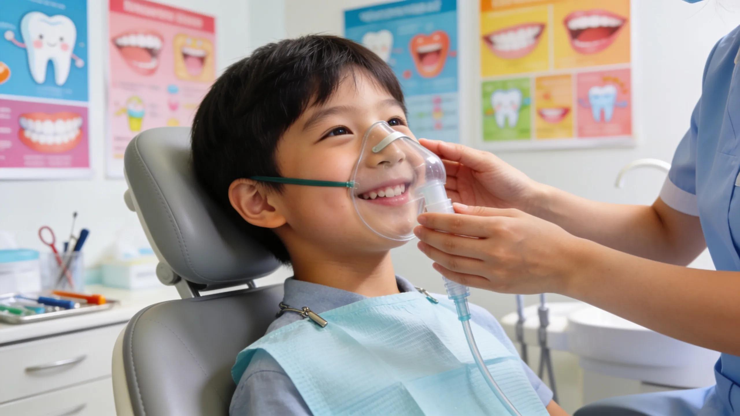 Child receiving nitrous oxide sedation in a colorful dental office, highlighting safety and child-friendly approaches to sedation