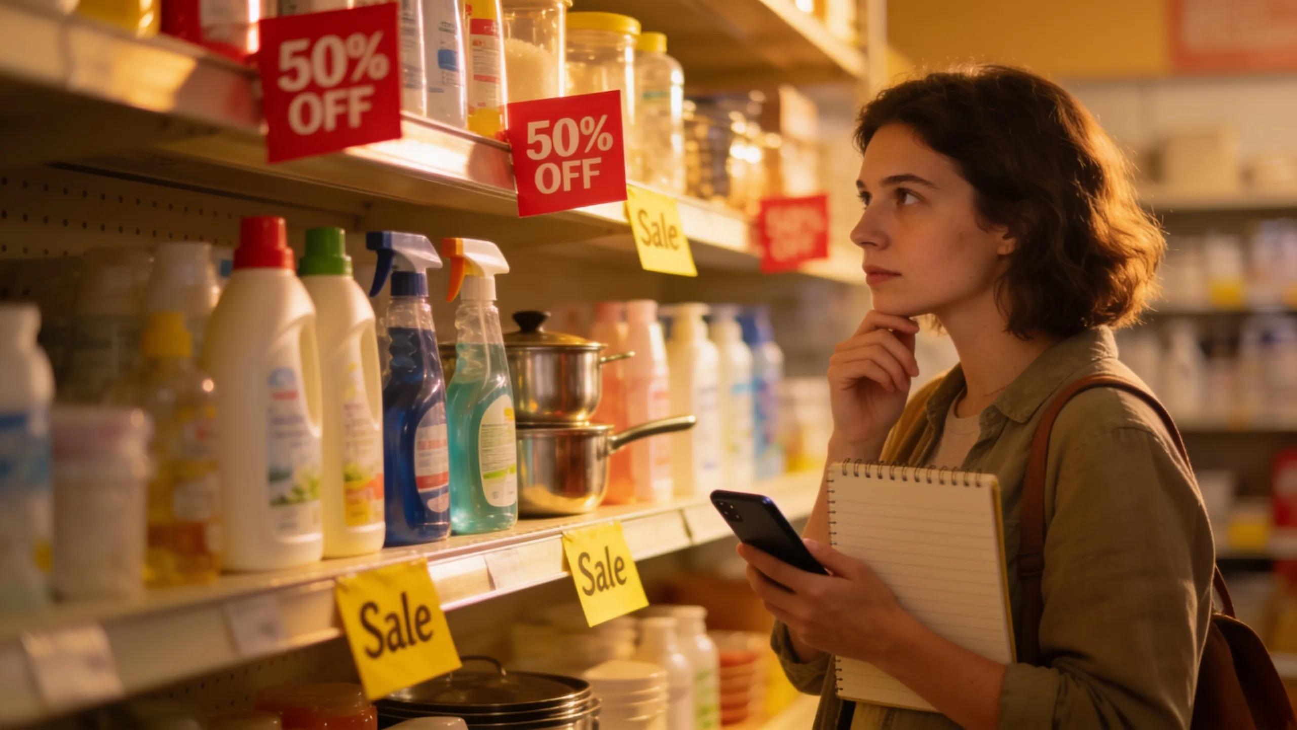 Shopper taking notes while looking at discounted household items in a store