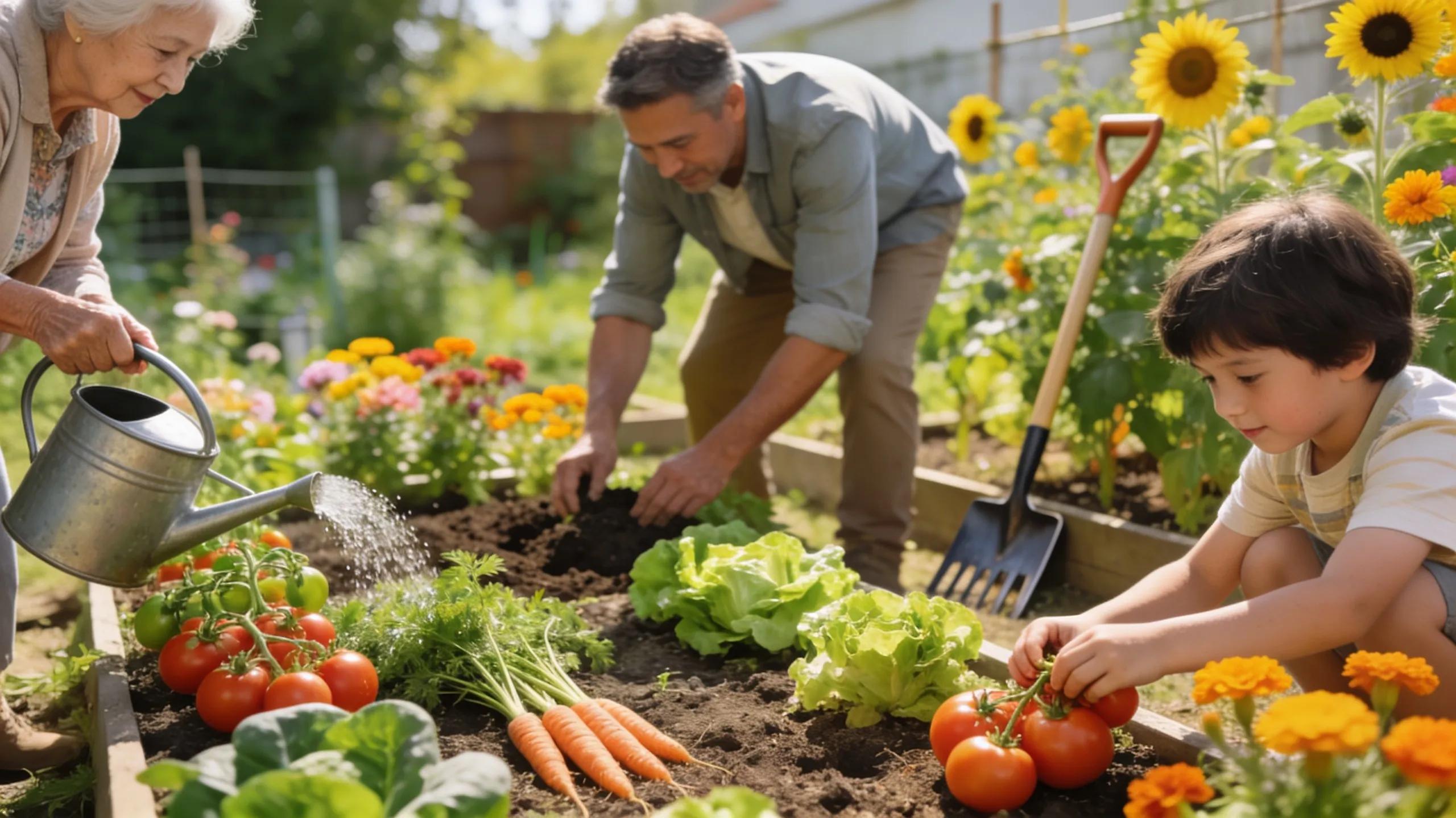 A community garden showcasing diverse plants and community members collaborating
