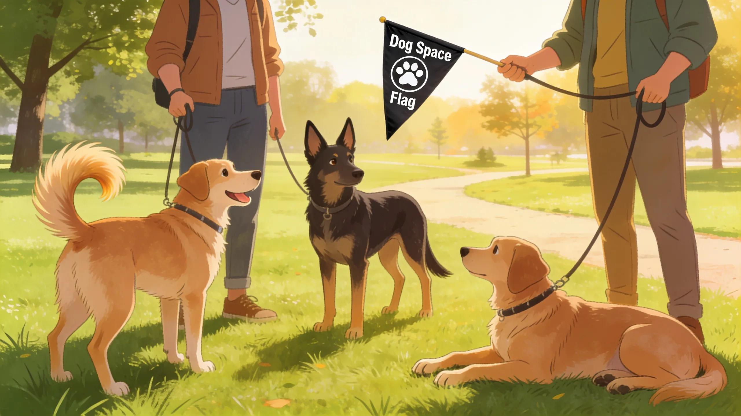 Group of dog walkers practicing etiquette and displaying Dog Space Flag for safer dog interactions