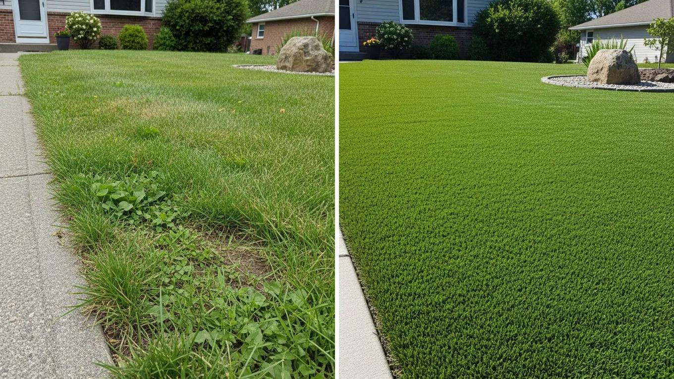 A side-by-side or split image — natural grass patch next to installed turf, ideally on the same property if you have before/after shots from a real job