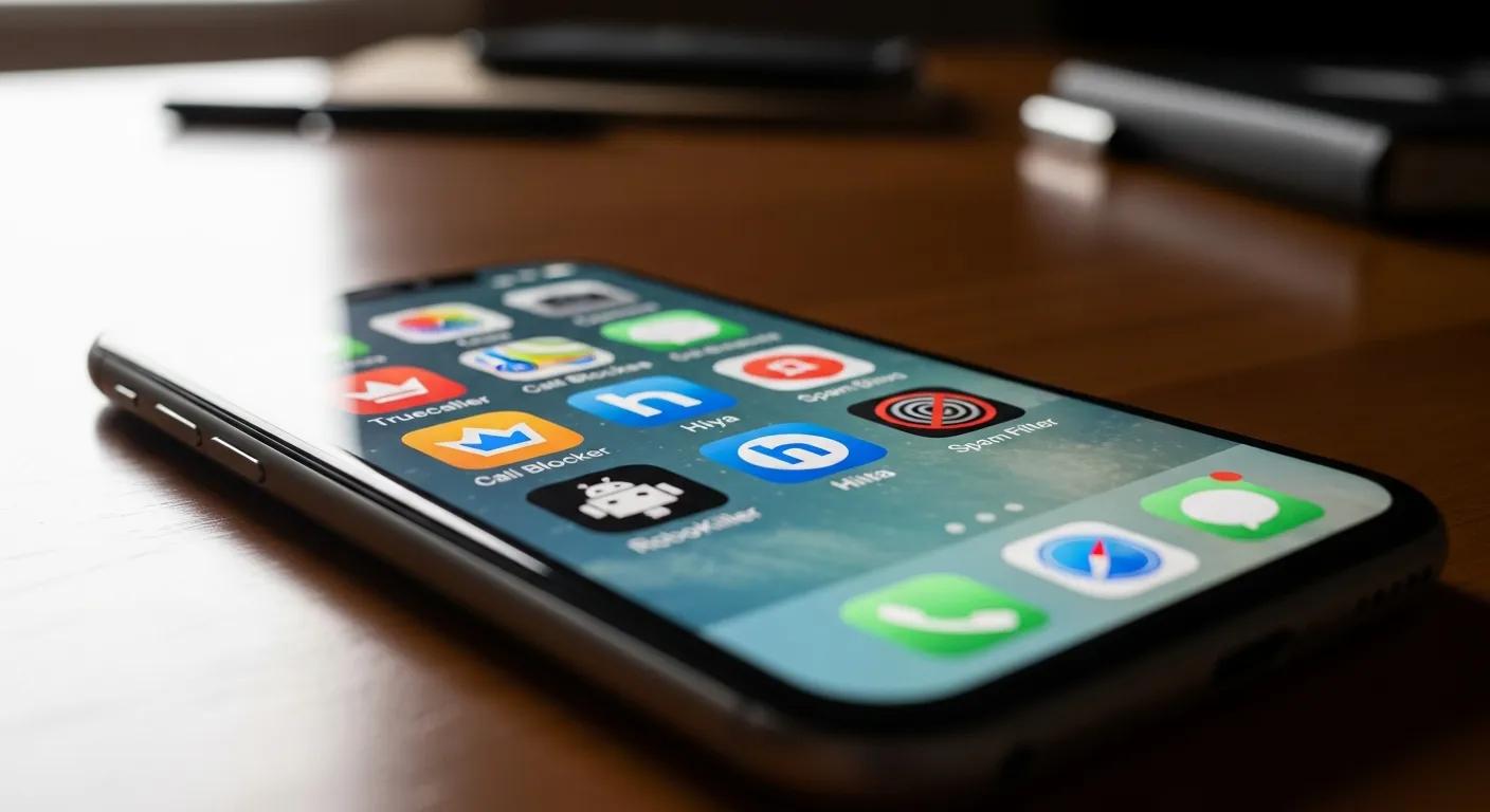 Smartphone showing icons for popular spam-blocking apps on a desk