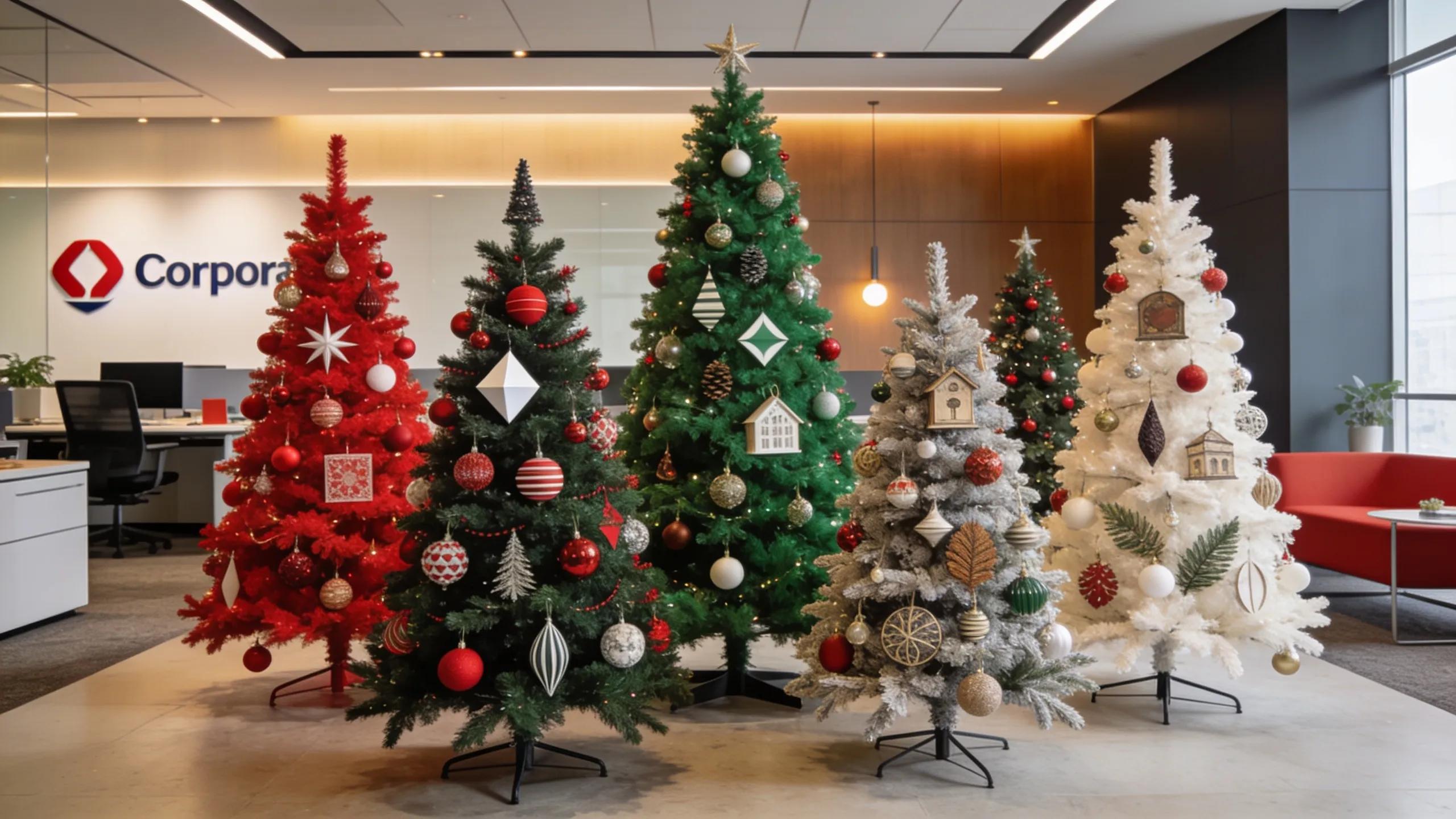 Variety of customized Christmas trees, showcasing bespoke decorative styles for corporate branding