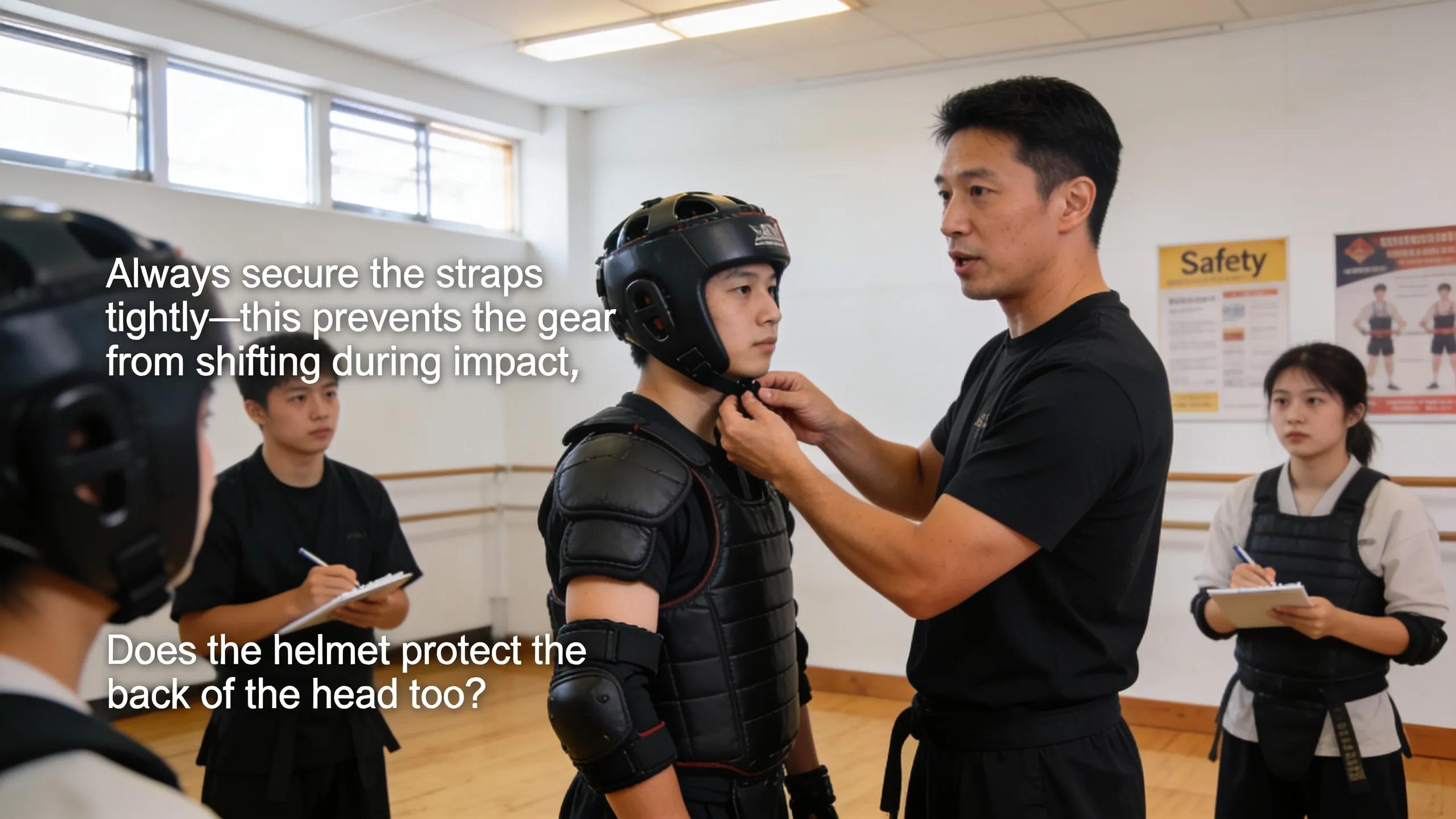 Instructor demonstrating protective gear usage in a dojo, emphasizing safety measures in martial arts training.