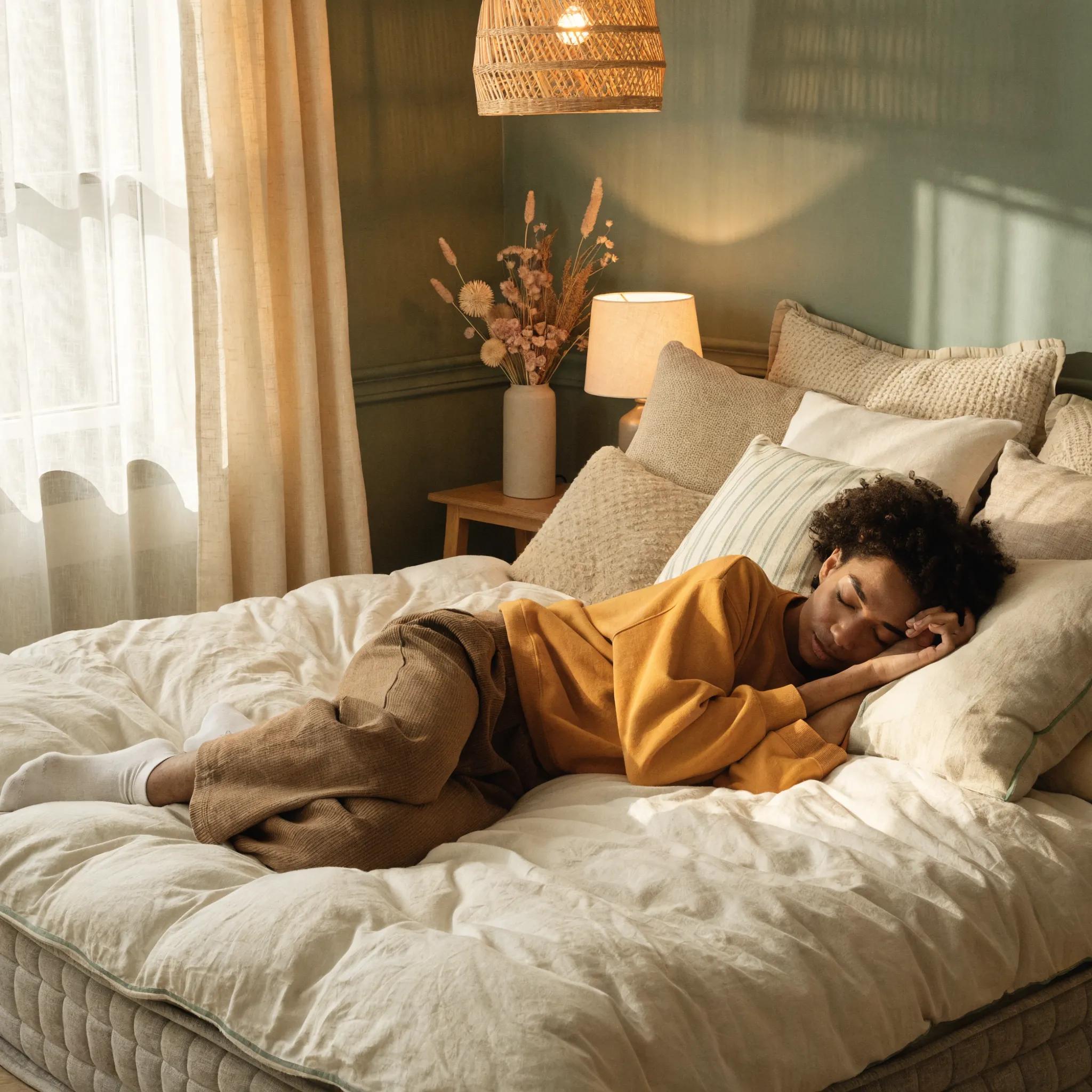 Cozy bedroom with a person on a comfortable mattress emphasizing sleep quality and back pain relief