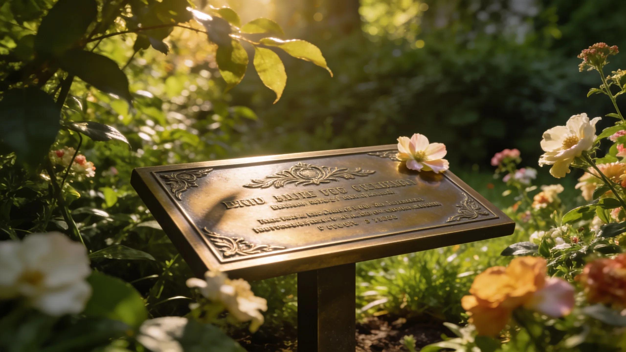 Close-up of a flat bronze memorial plaque in a garden, highlighting its durability and aesthetic appeal