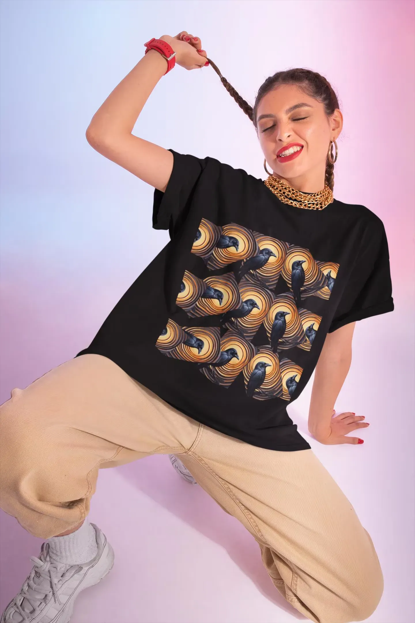 Individual wearing a bold graphic tee in a creative urban setting, showcasing self-expression through sustainable fashion