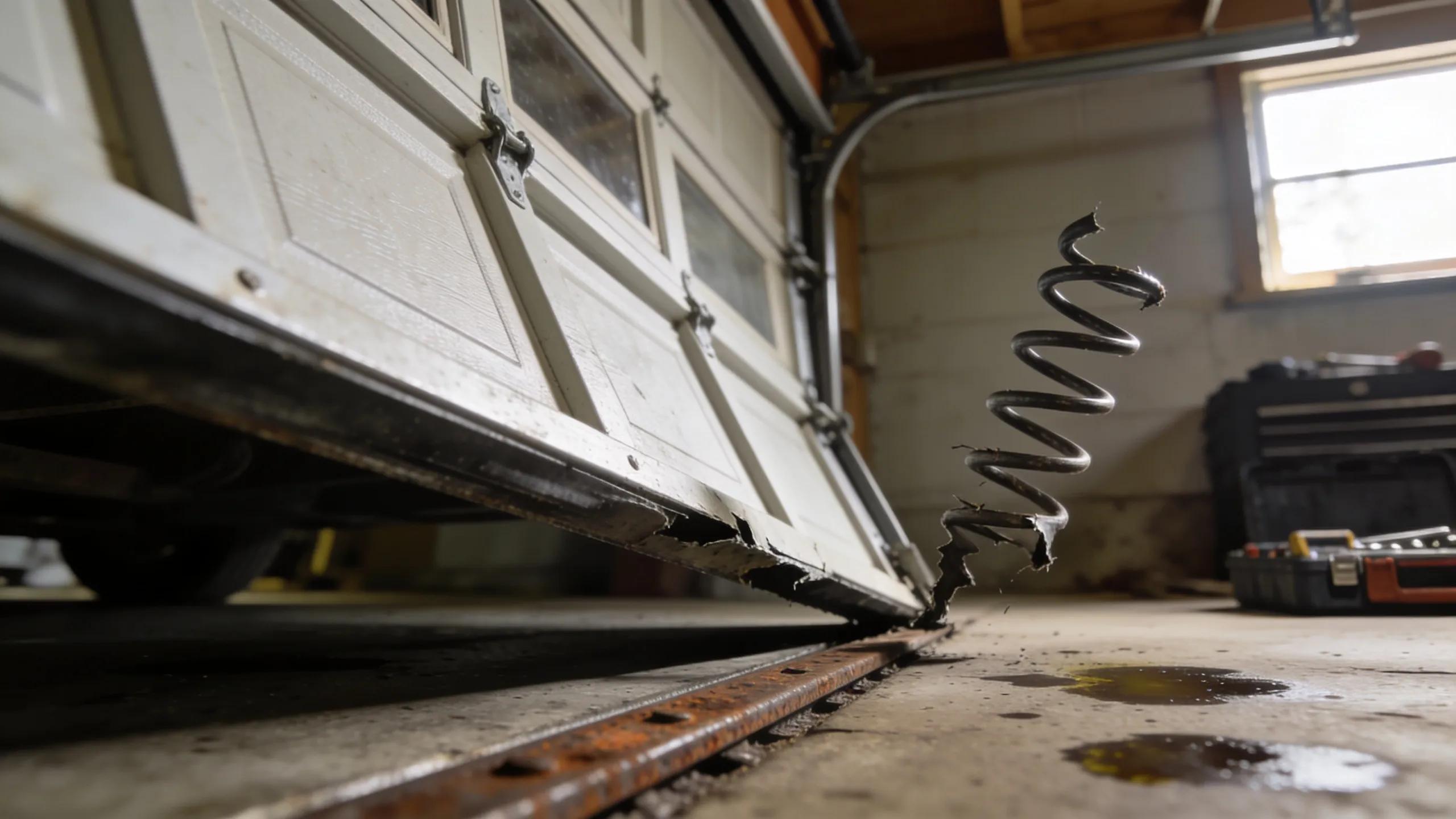 Uneven garage door indicating broken spring requiring immediate service