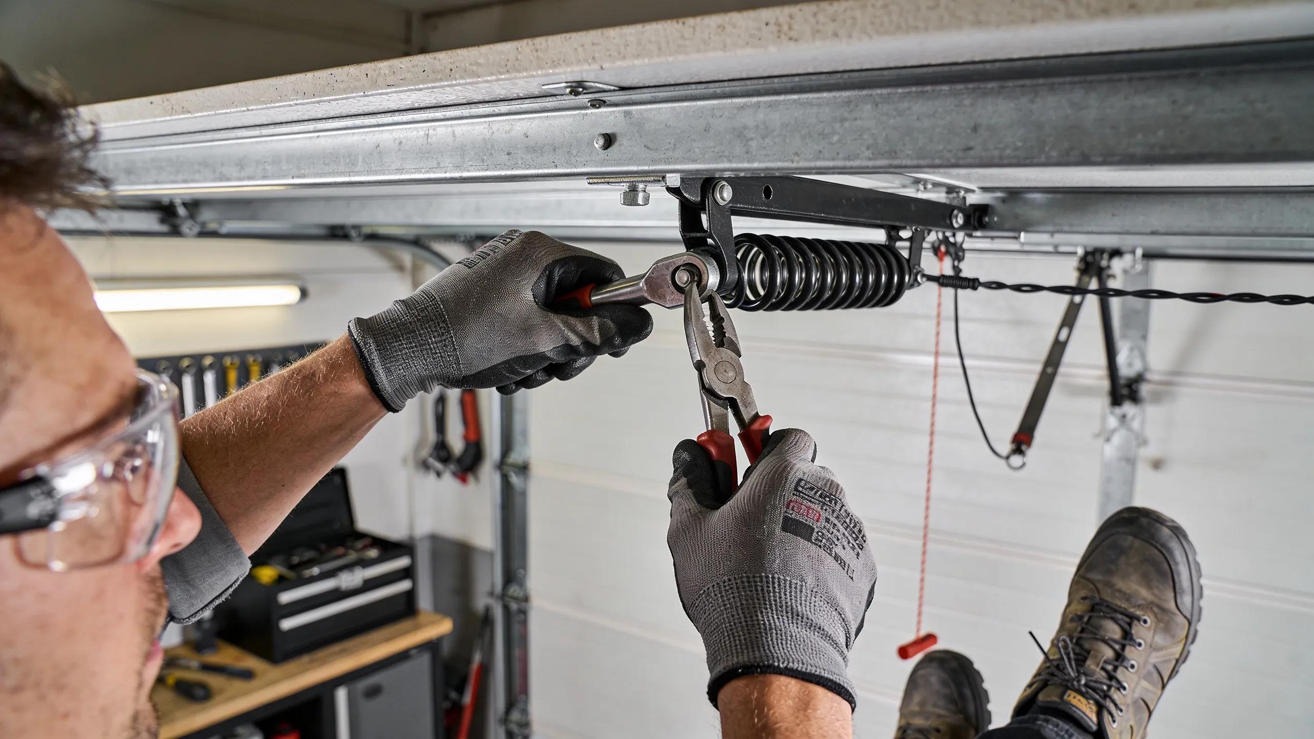 A technician replacing a garage door spring, illustrating the proper repair process and safety measures