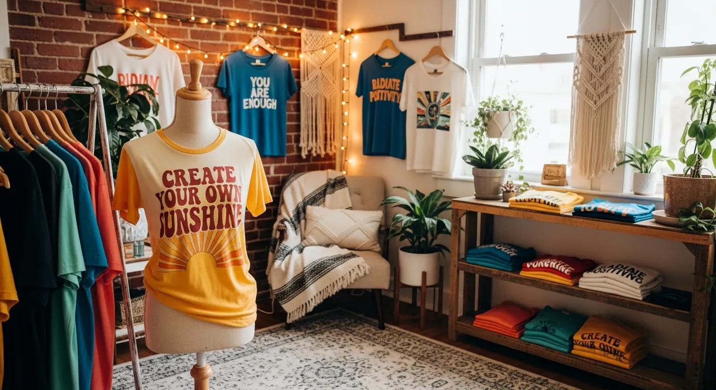 Colorful affirmation apparel and unique graphic tees displayed in a cozy room, representing personal style and creativity