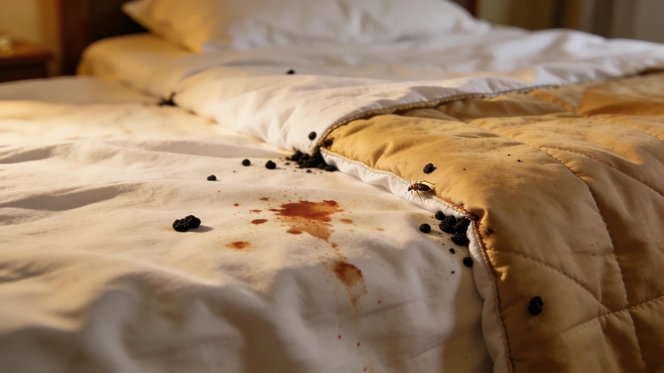 Visual representation of blood stains and fecal spots indicating bed bug presence on bedding