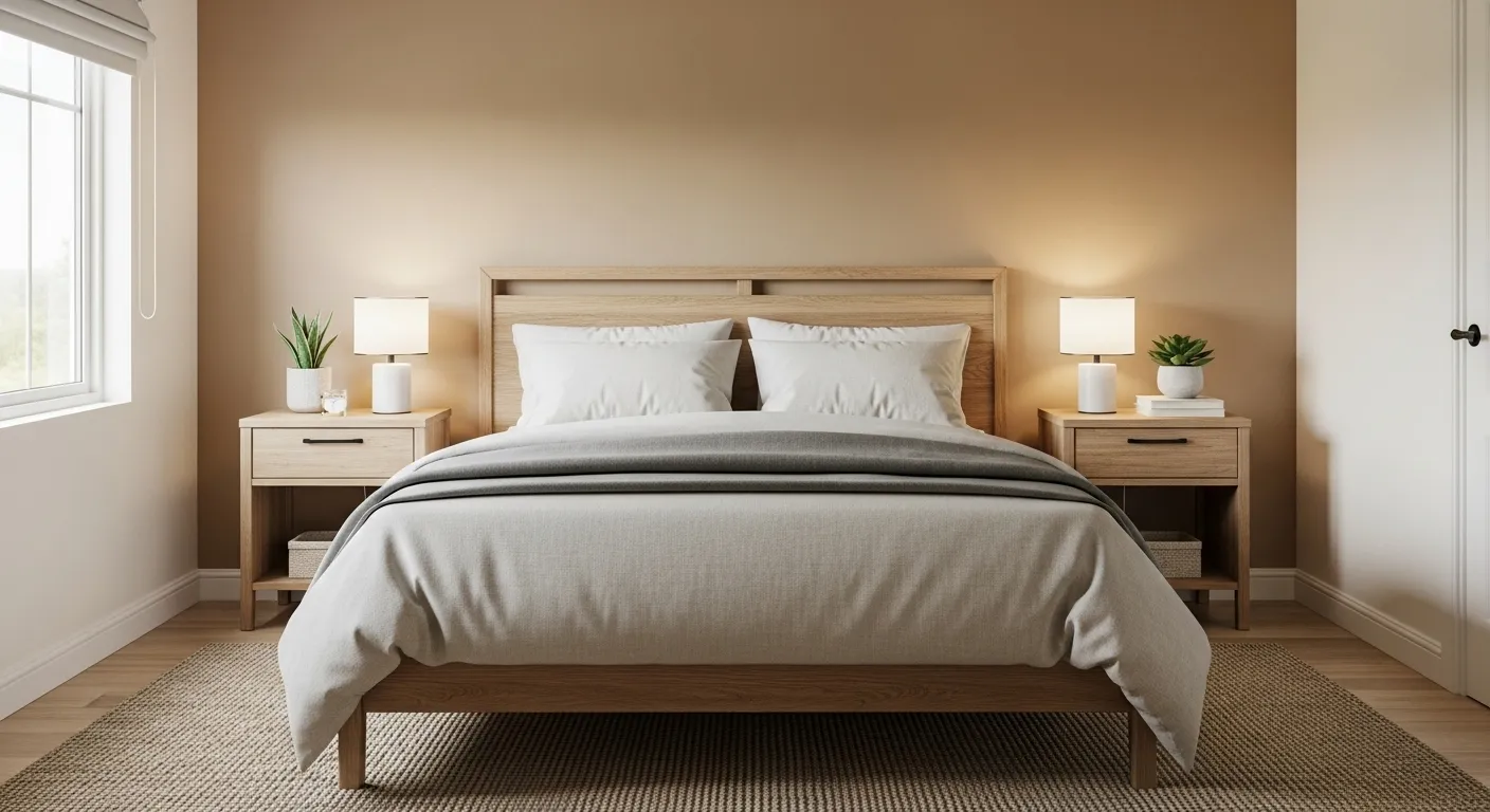 Clean organized bedroom layout with neutral tones and balanced furniture placement.