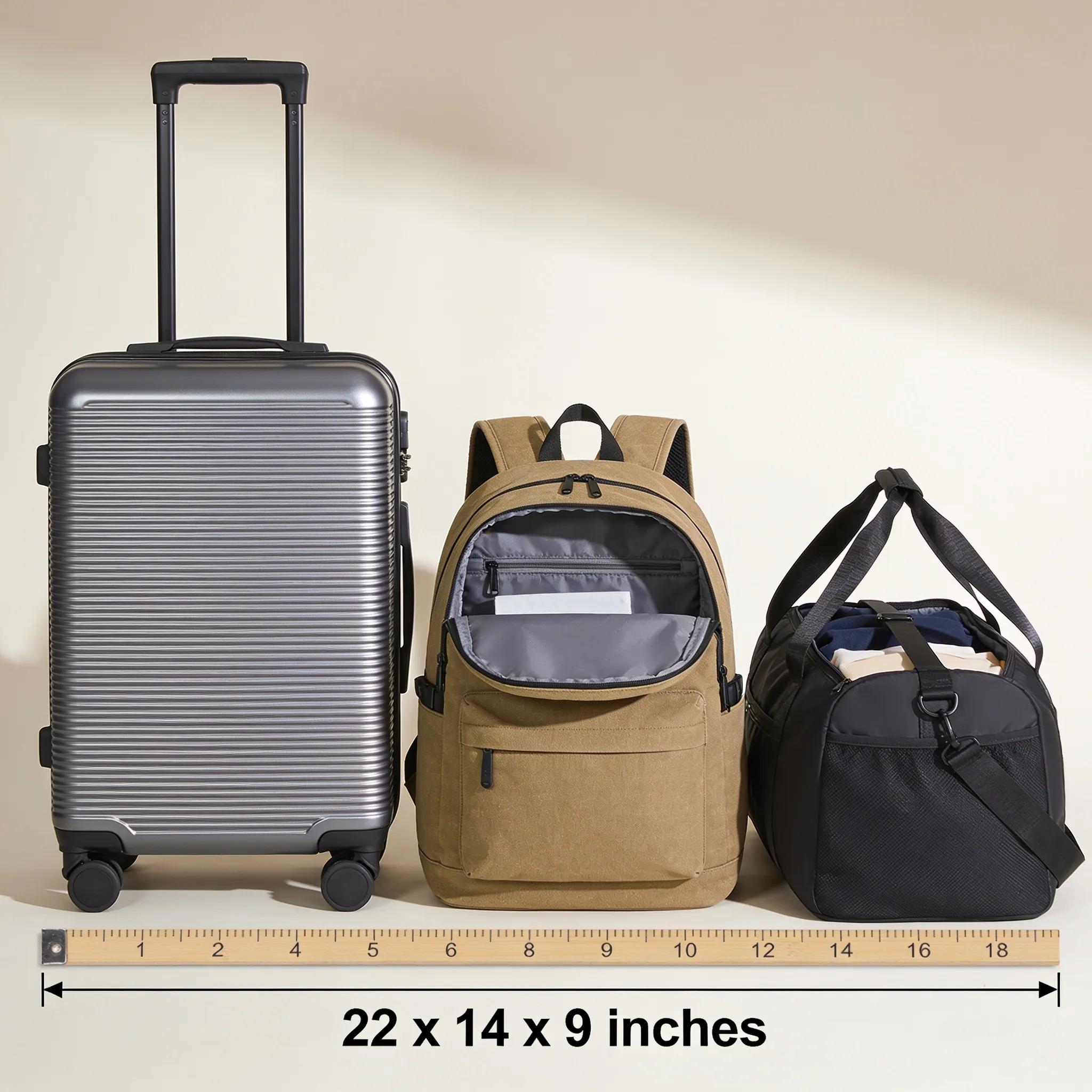 Different carry-on bags next to a measuring tape, showcasing standard airline dimensions