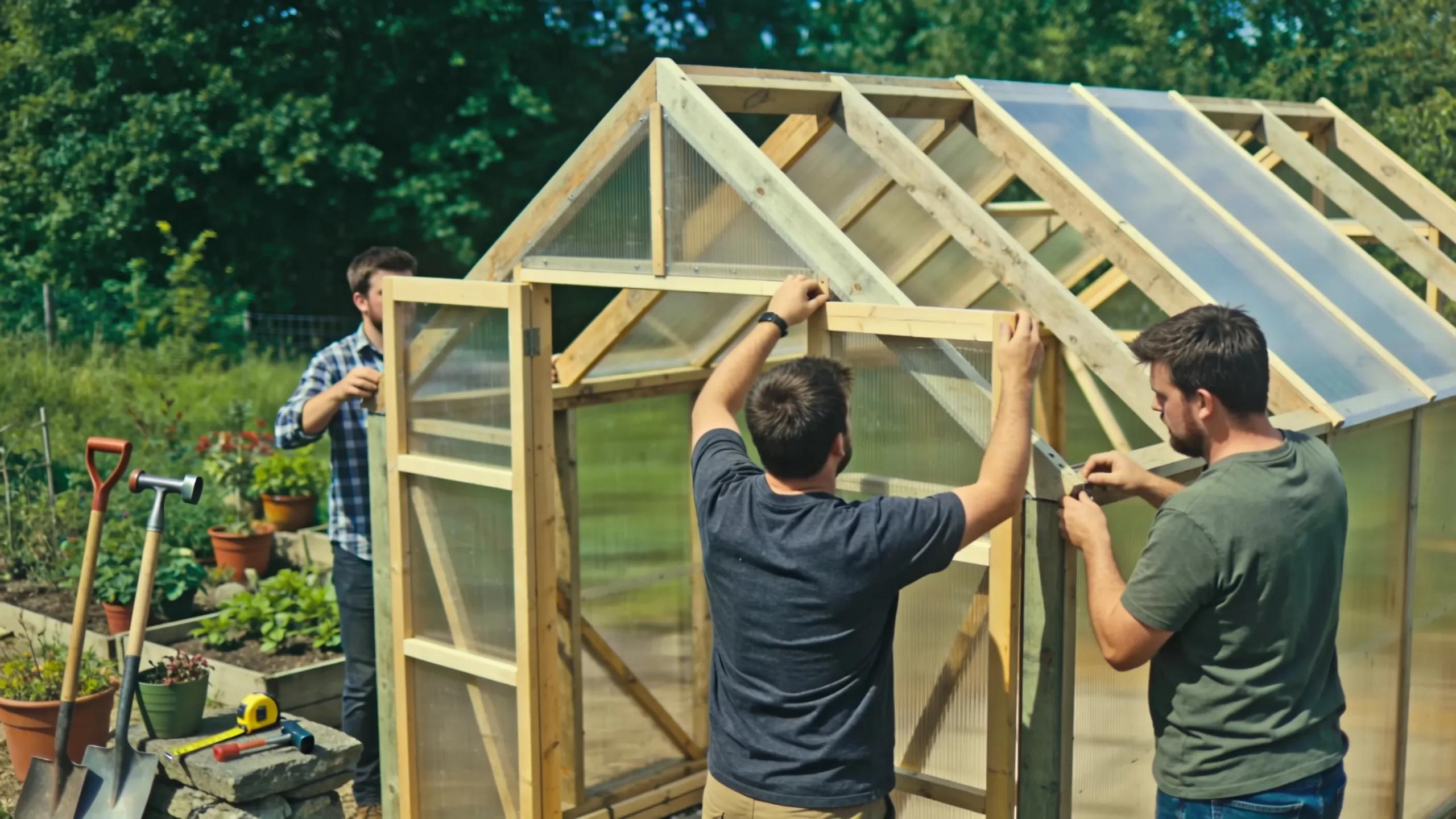 Custom greenhouse under construction with eco-friendly materials and workers Custom greenhouse under construction with eco-friendly materials and workers
