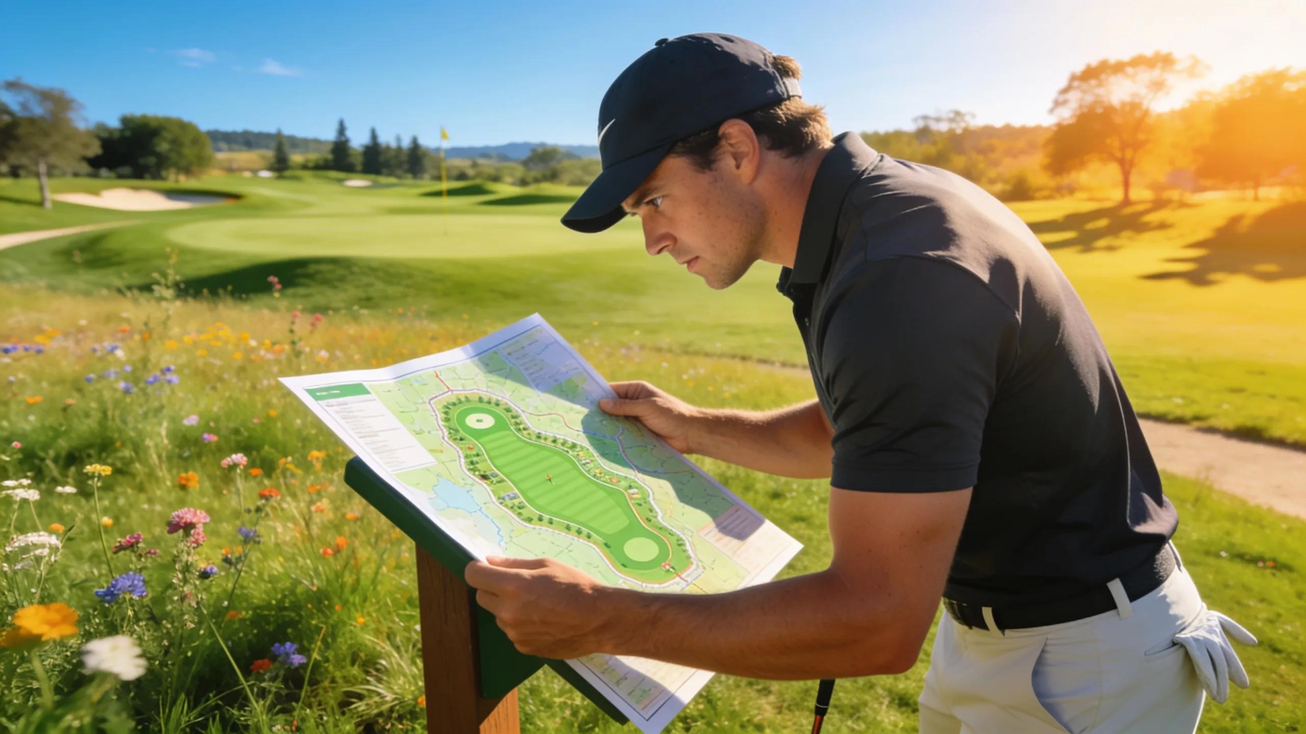 Golfer studying a golf course layout at a sunny tee box, emphasizing strategic management techniques