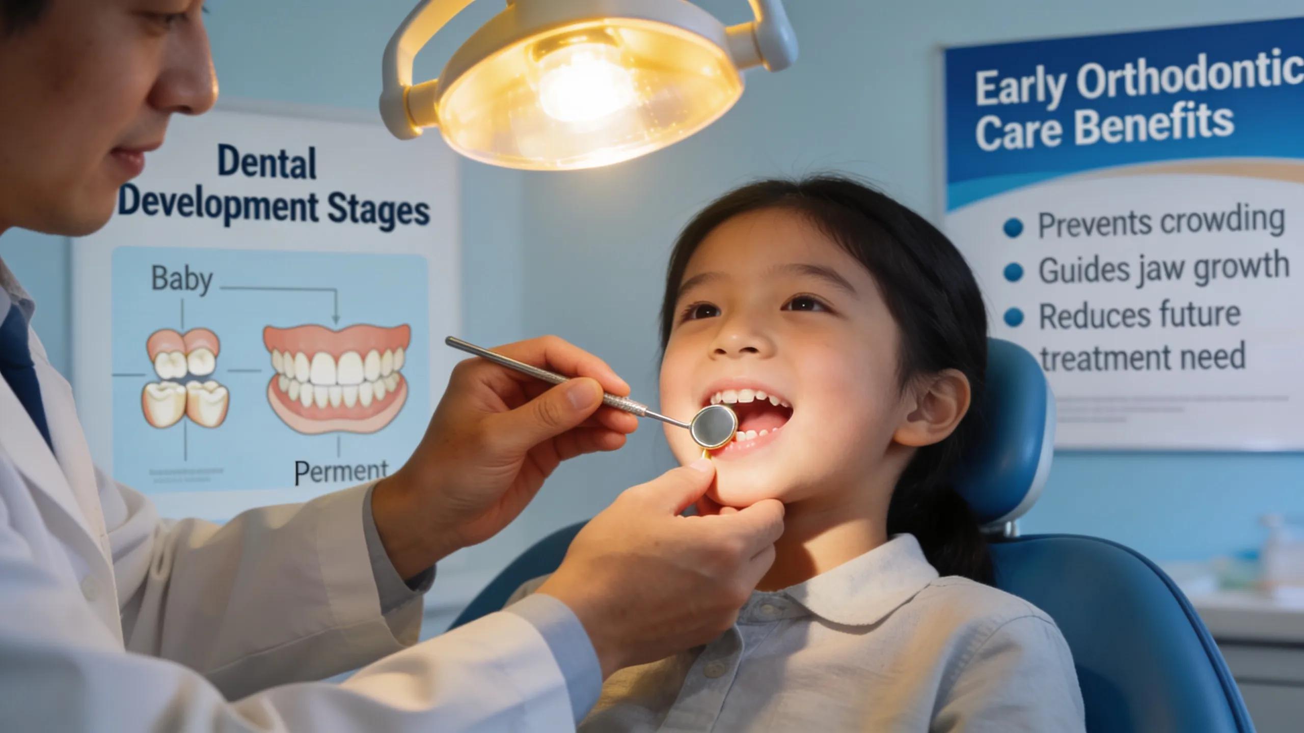 Orthodontist examining a child's teeth, highlighting the importance of early orthodontic evaluations